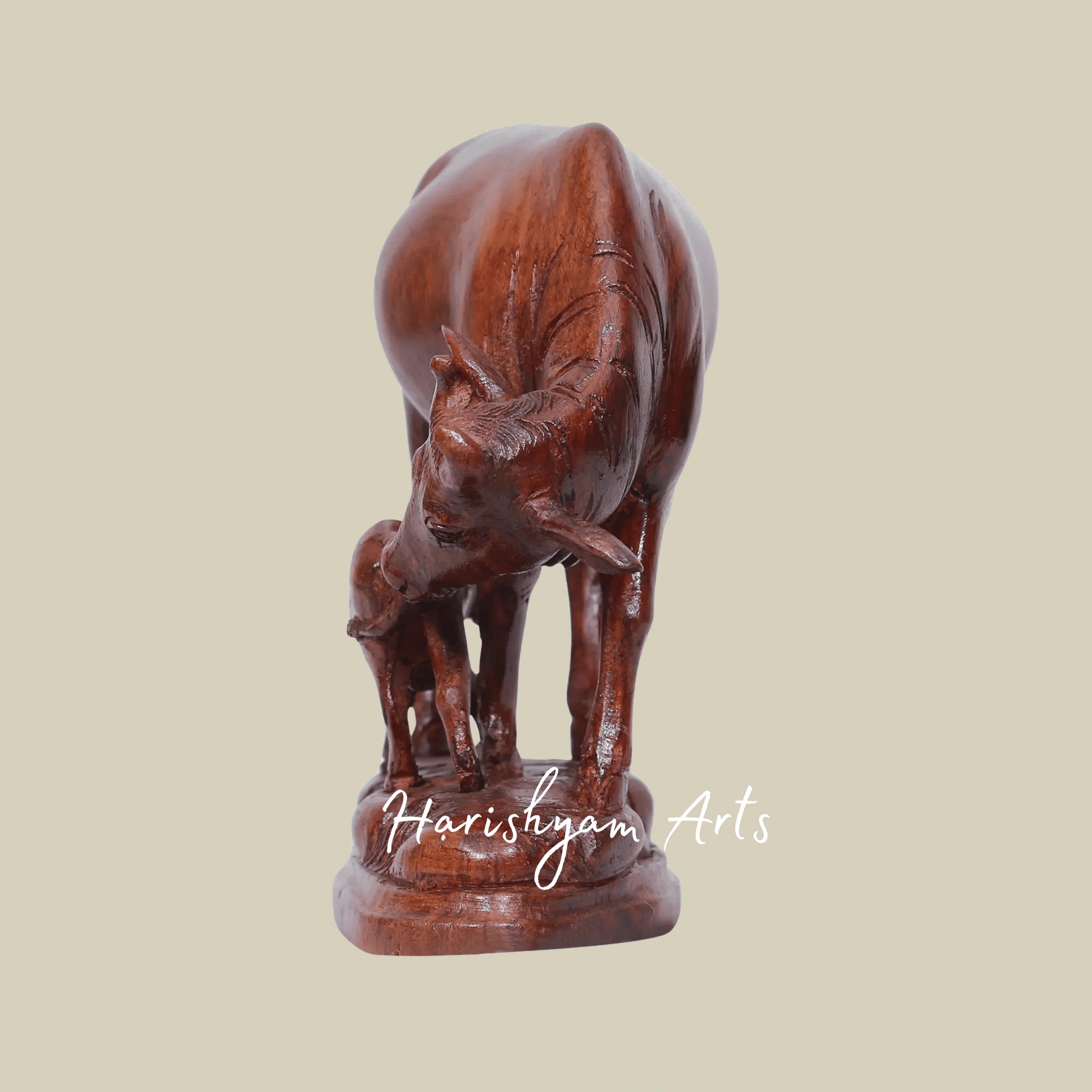 8" Wooden Cow and Calf Statue – Handcrafted Farm Animal Figurine for Living Room Decor