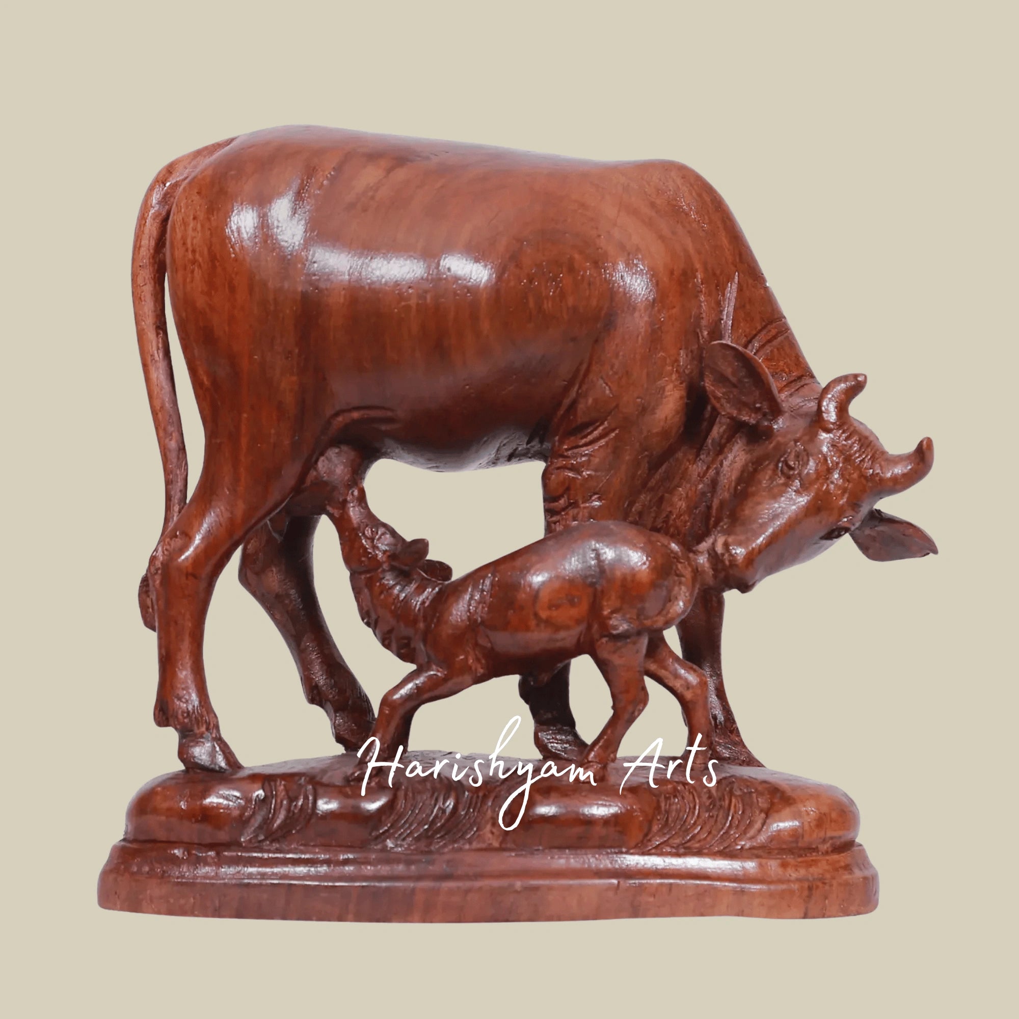 8" Wooden Cow and Calf Statue – Handcrafted Farm Animal Figurine for Living Room Decor