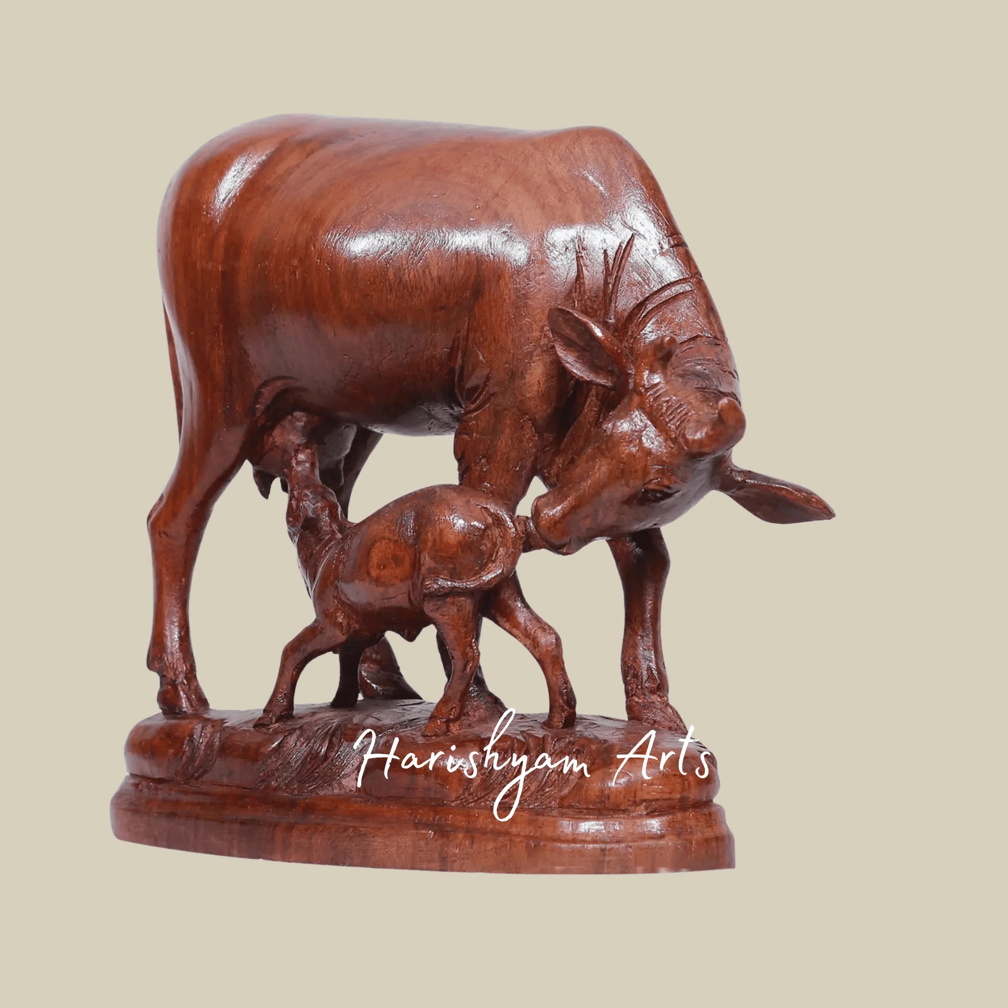 8" Wooden Cow and Calf Statue – Handcrafted Farm Animal Figurine for Living Room Decor