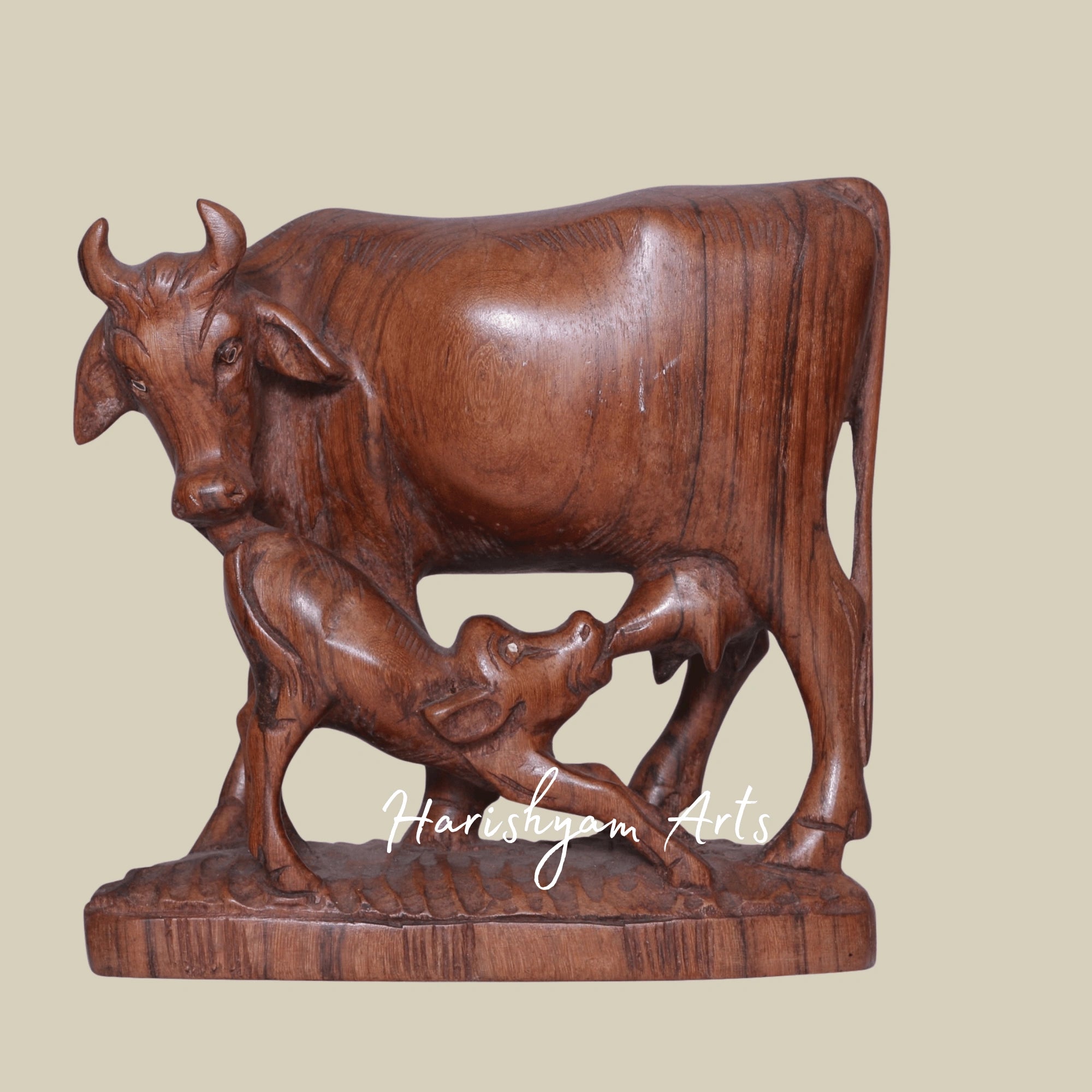 8" Wooden Cow and Calf Statue – Handcrafted Farm Animal Figurine for Living Room Decor
