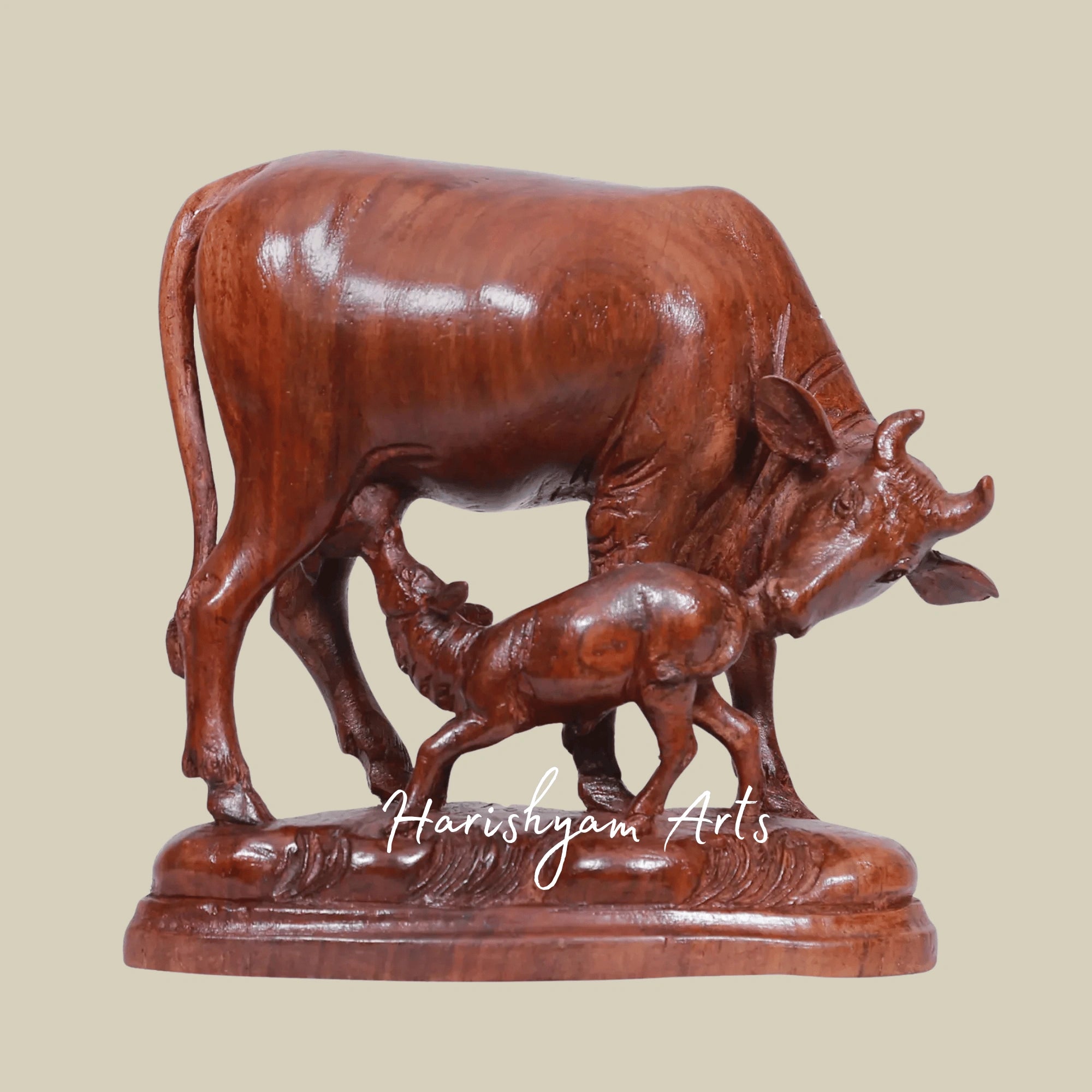 8" Wooden Cow and Calf Statue – Handcrafted Farm Animal Figurine for Living Room Decor