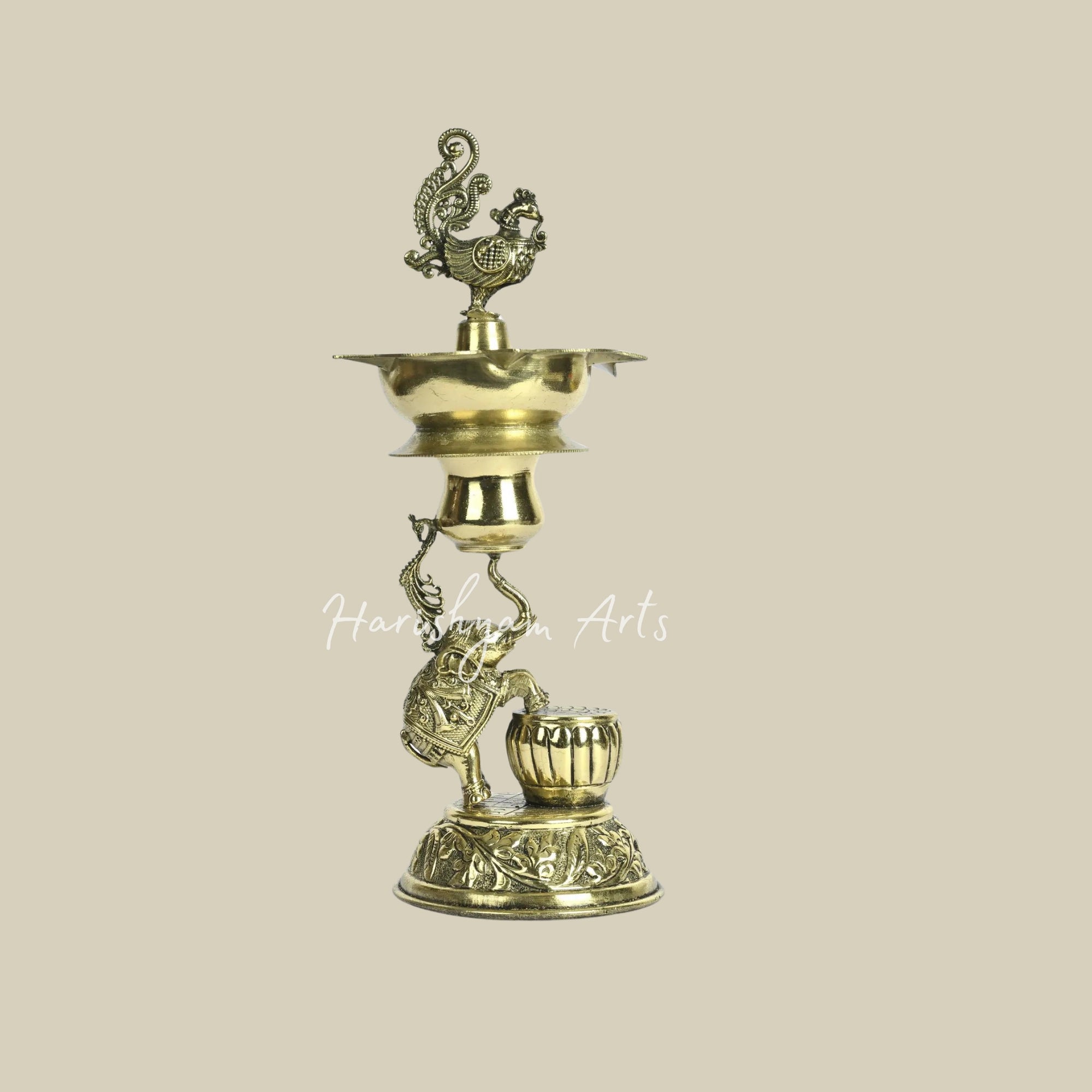 8" Designer Brass Peacock Lamp with Elephant Motif