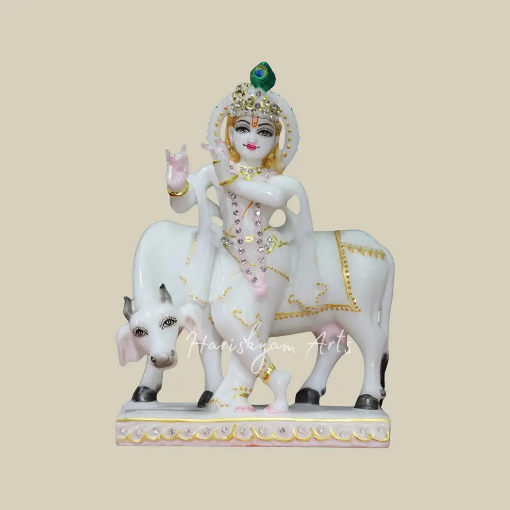 8" white makrana marble statue of krishna with cow