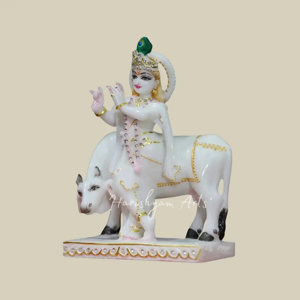 8" white makrana marble statue of krishna with cow