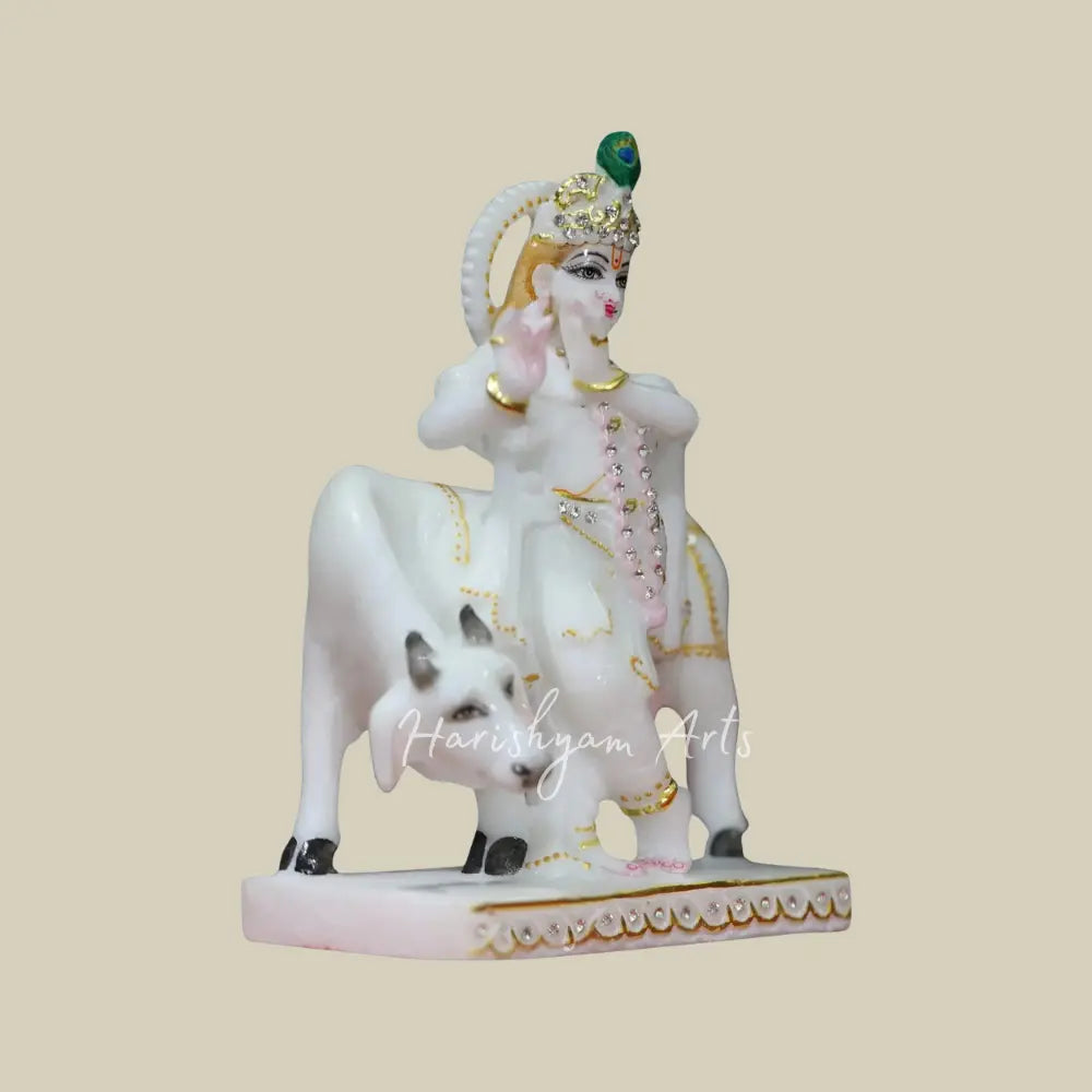 8" white makrana marble statue of krishna with cow