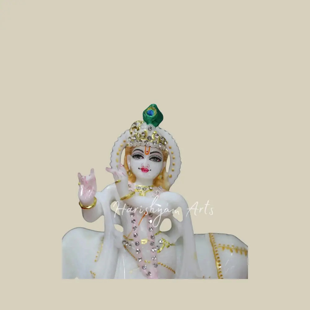 8" white makrana marble statue of krishna with cow