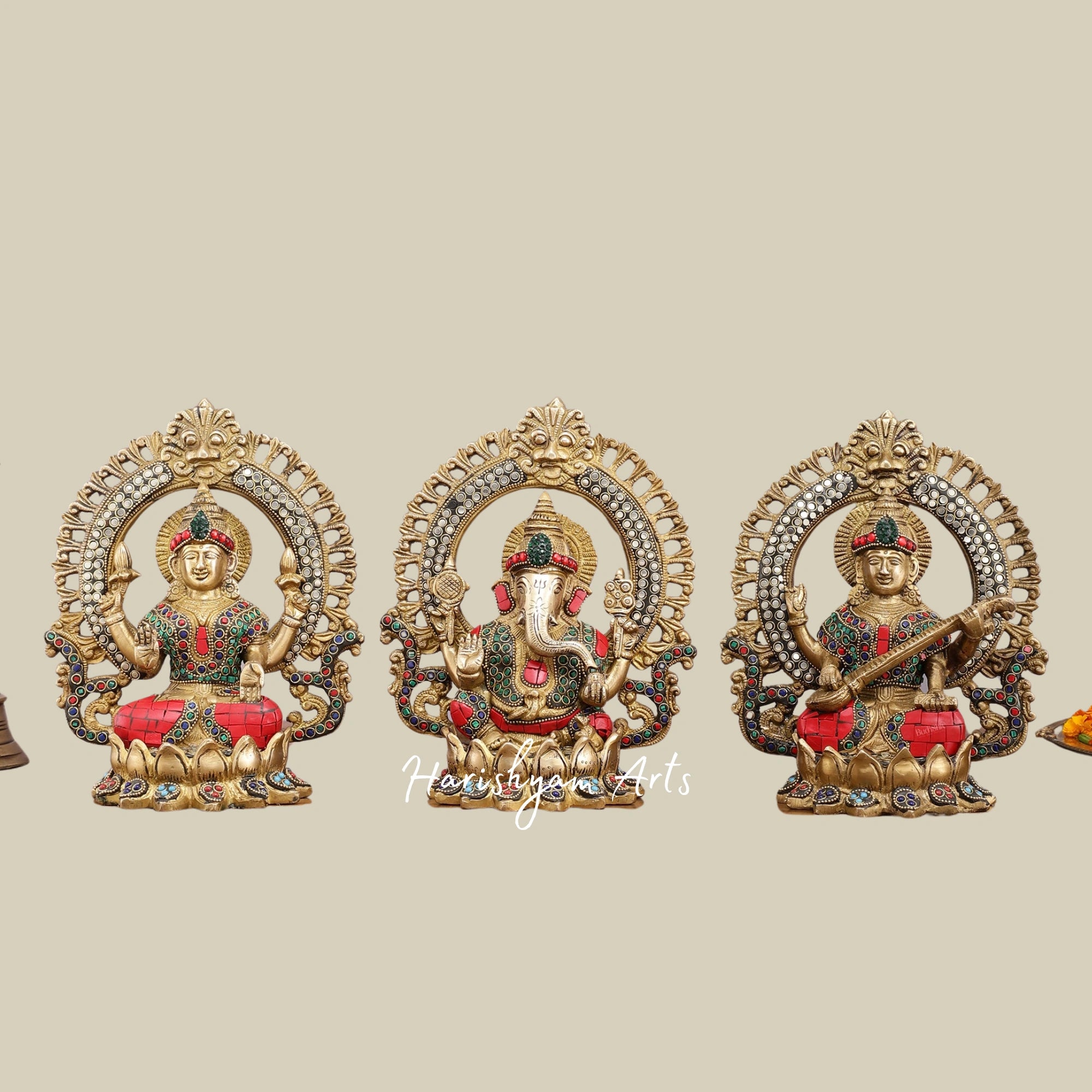 9.5" Brass Idol Set of Ganesha, Lakshmi, and Saraswati with Meenakari Stone Embellishments