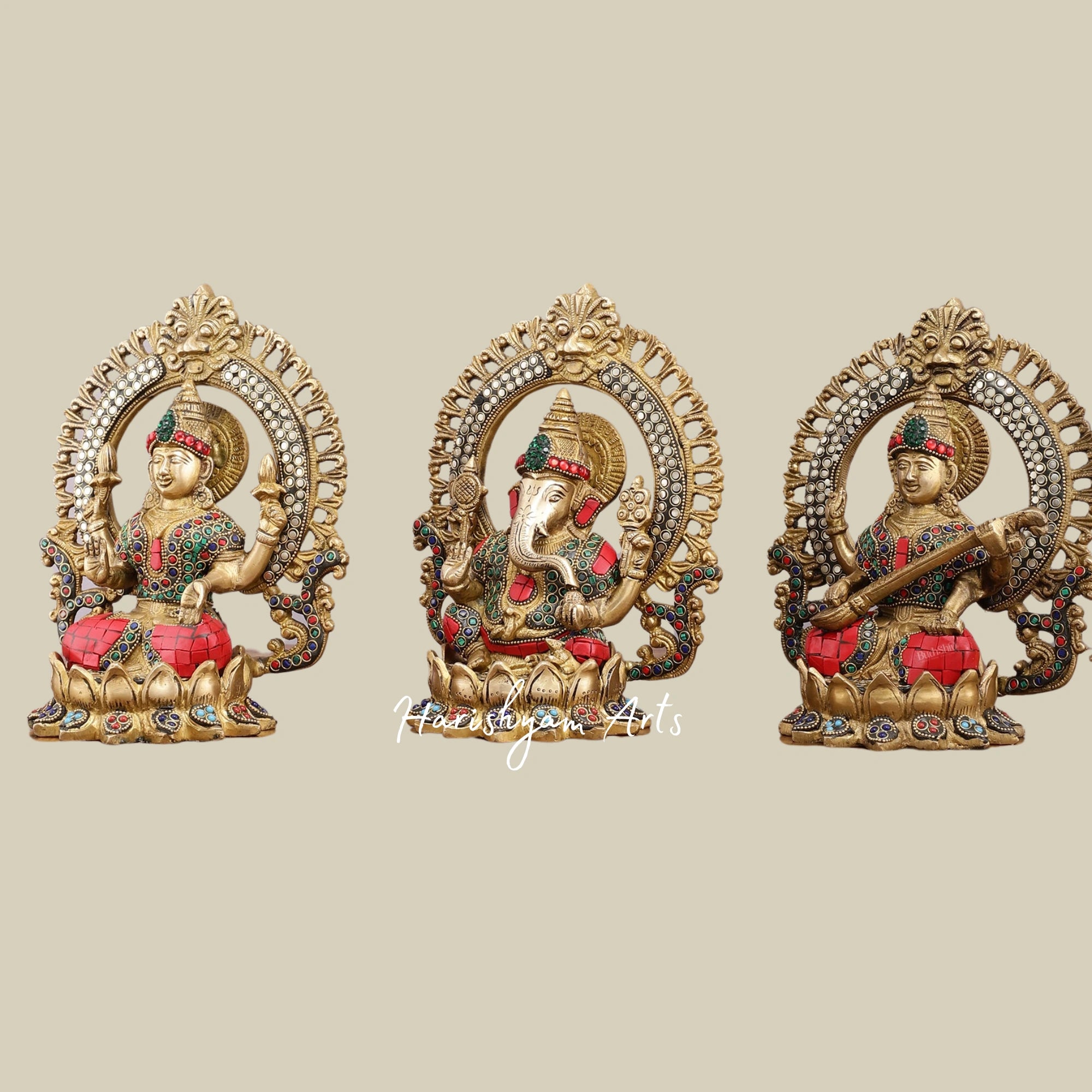 9.5" Brass Idol Set of Ganesha, Lakshmi, and Saraswati with Meenakari Stone Embellishments2