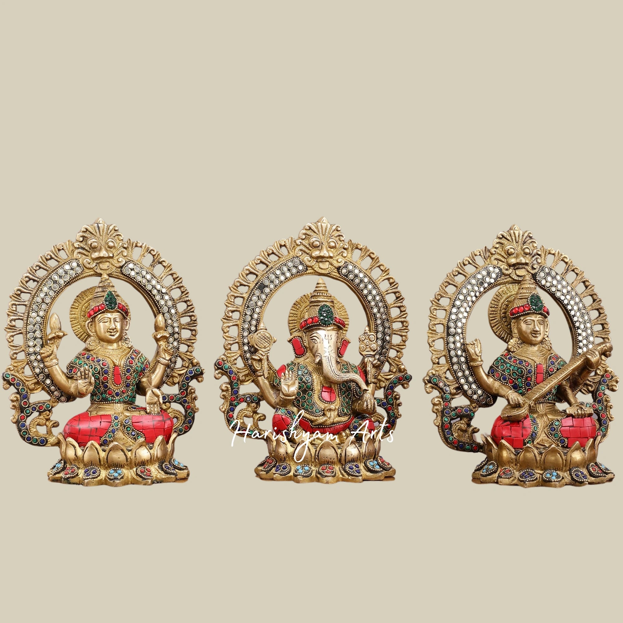 9.5" Brass Idol Set of Ganesha, Lakshmi, and Saraswati with Meenakari Stone Embellishments4