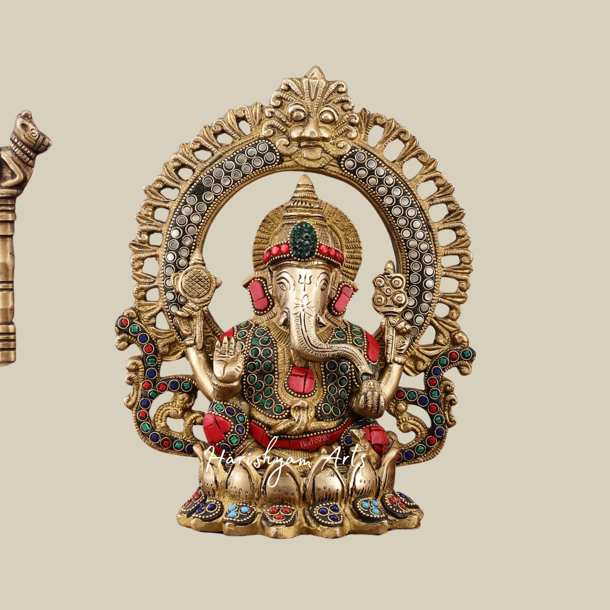 9.5" Brass Idol Set of Ganesha, Lakshmi, and Saraswati with Meenakari Stone Embellishments5