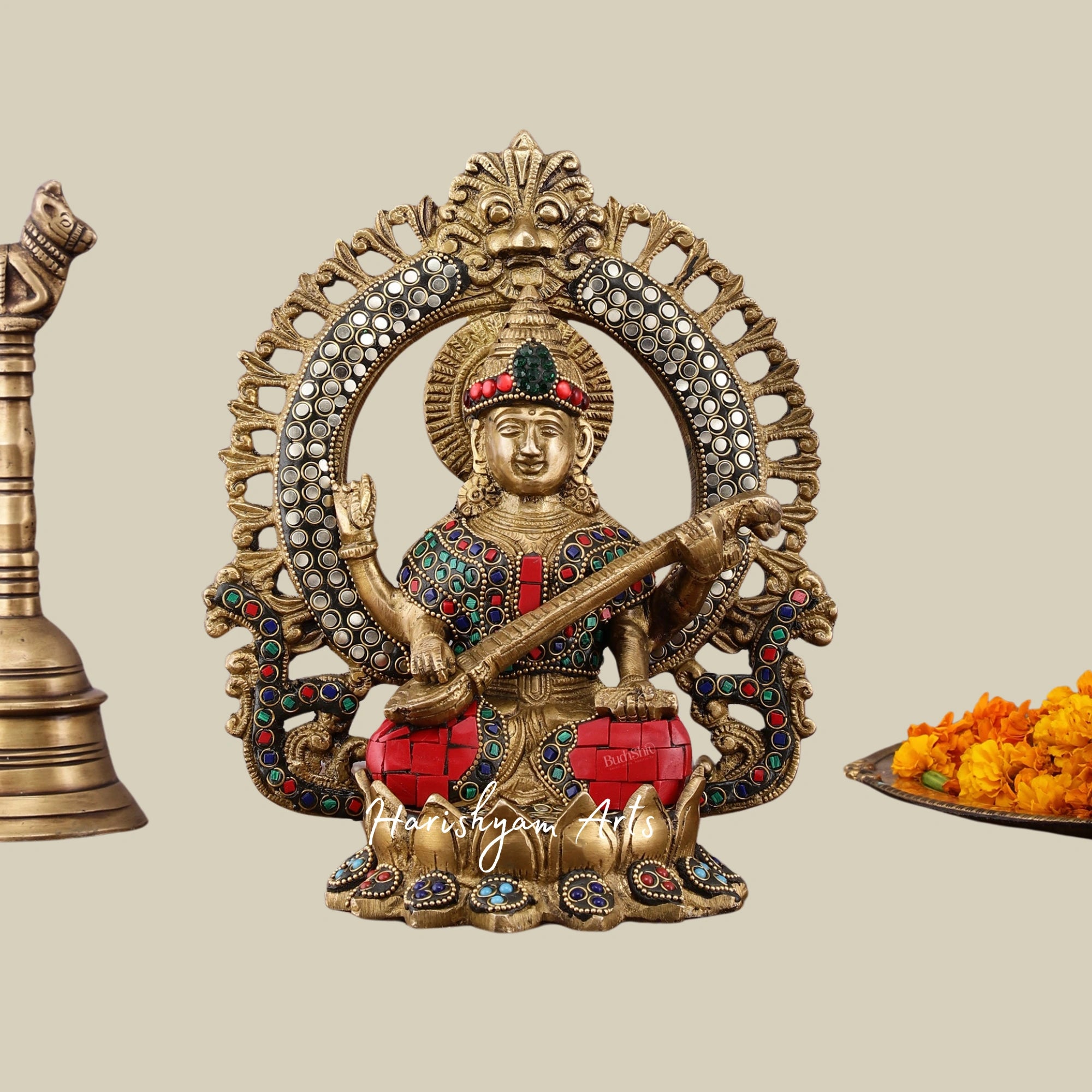 9.5" Brass Idol Set of Ganesha, Lakshmi, and Saraswati with Meenakari Stone Embellishments6