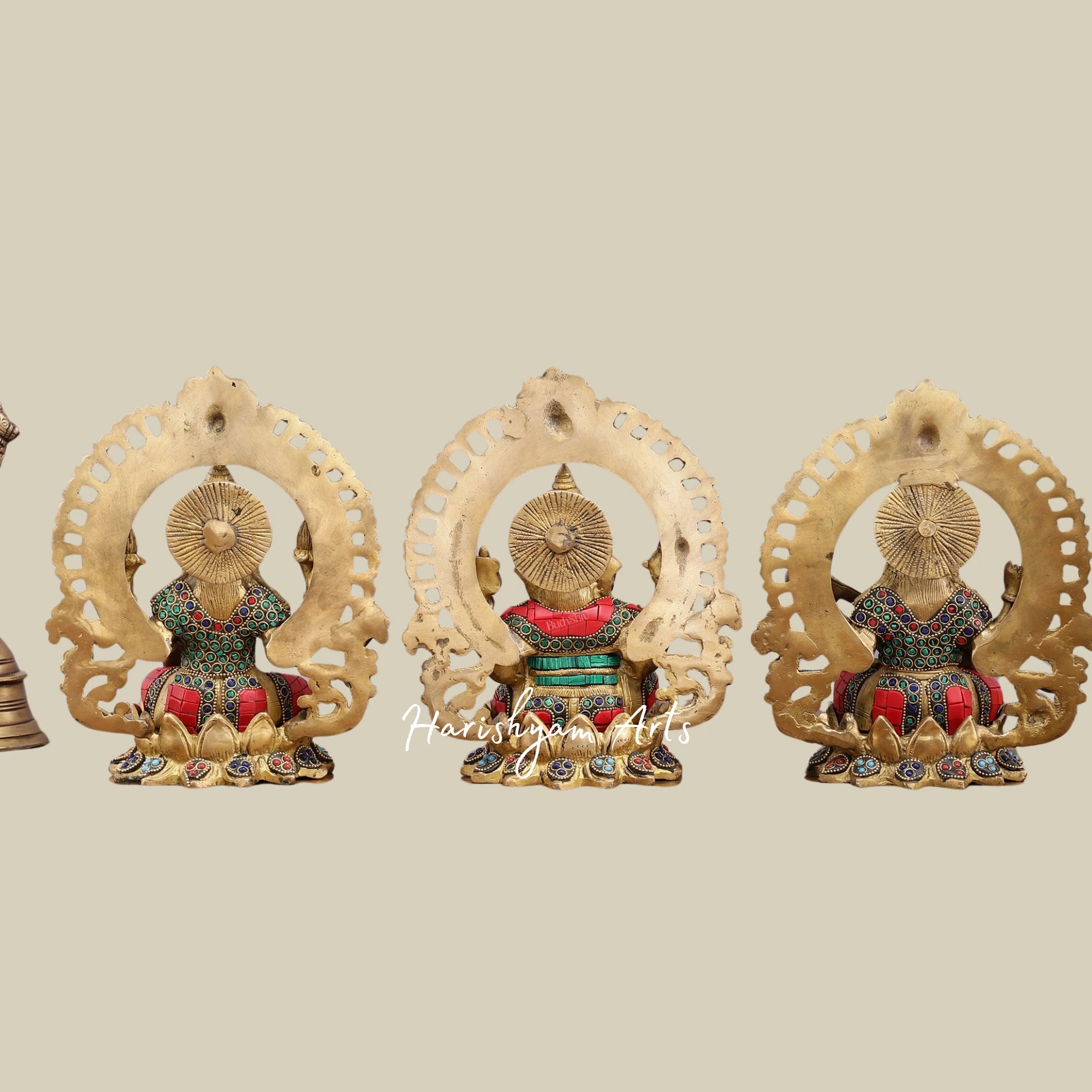 9.5" Brass Idol Set of Ganesha, Lakshmi, and Saraswati with Meenakari Stone Embellishments