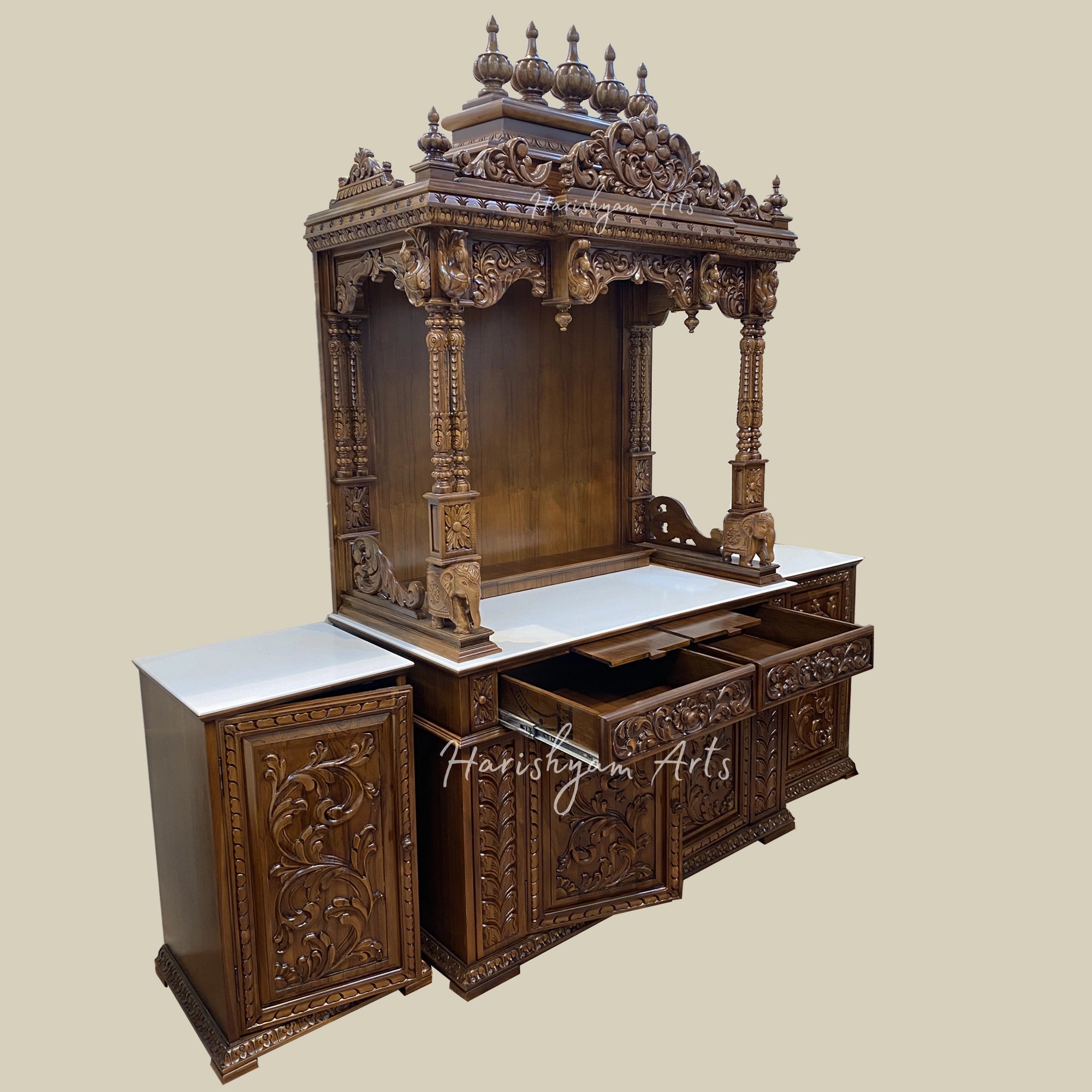 90" Large Teak Wood Pooja Mandir with Cabinets for Huge Storage