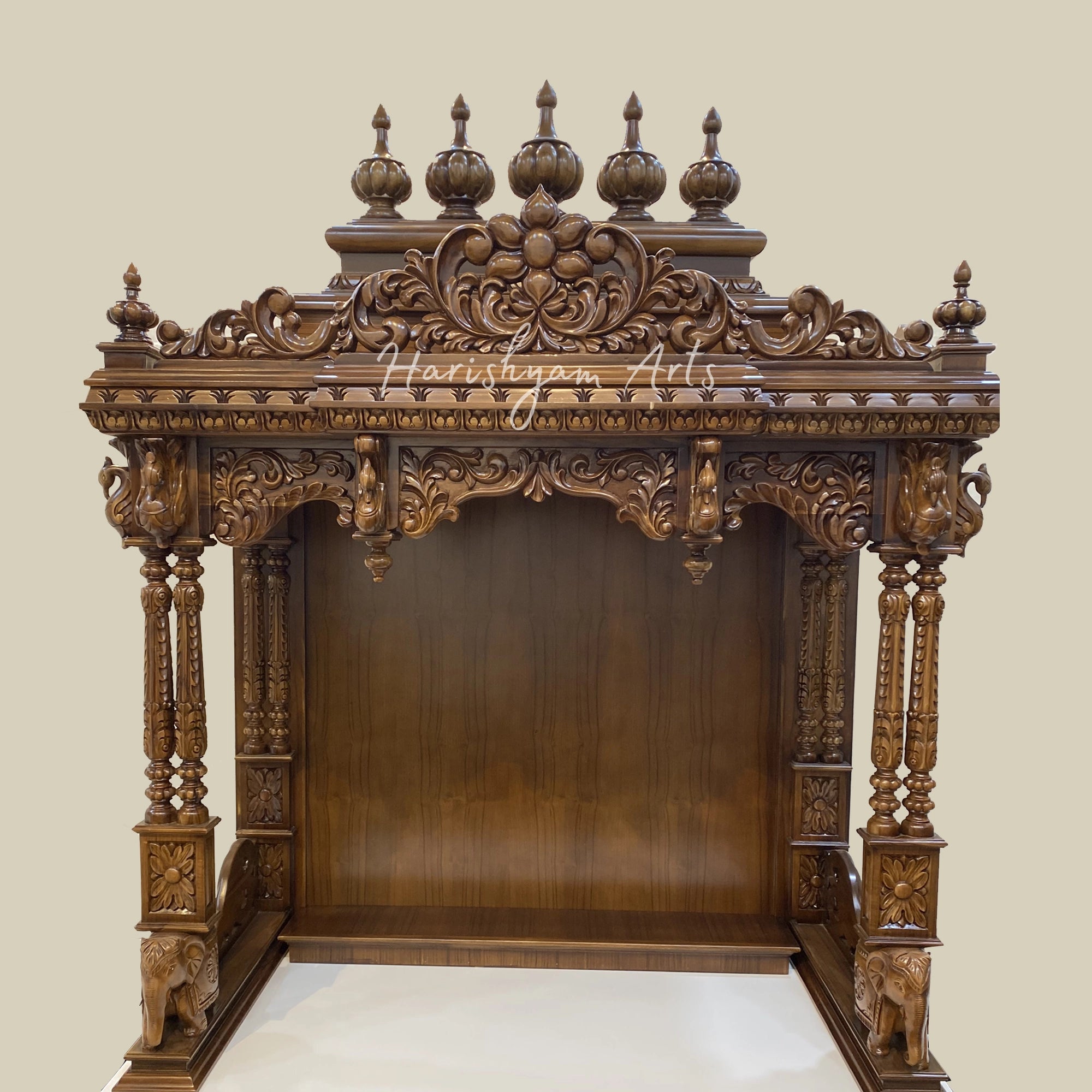 90" Large Teak Wood Pooja Mandir with Cabinets for Huge Storage