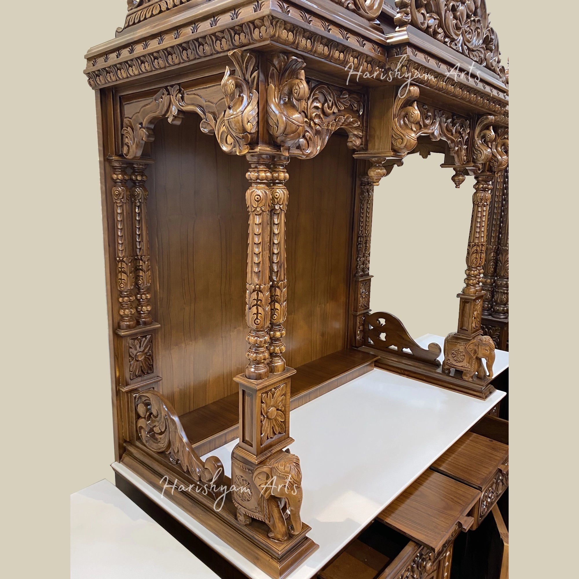 90" Large Teak Wood Pooja Mandir with Cabinets for Huge Storage