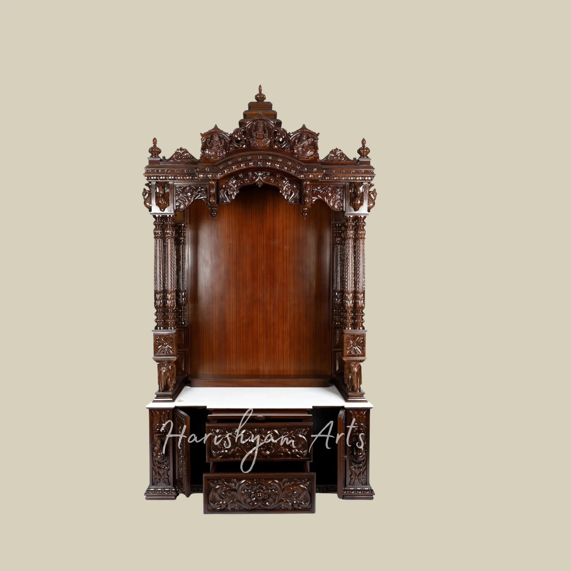 90" Large Teak Wood Pooja Mandir with Storage, Double Pillars, and Deities of Ganesh, Lakshmi, Saraswati