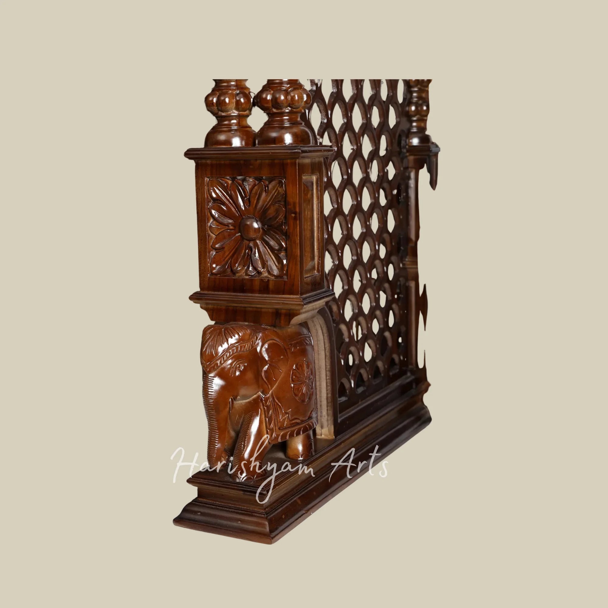 90" Large Teak Wood Pooja Mandir with Storage, Double Pillars, and Deities of Ganesh, Lakshmi, Saraswati