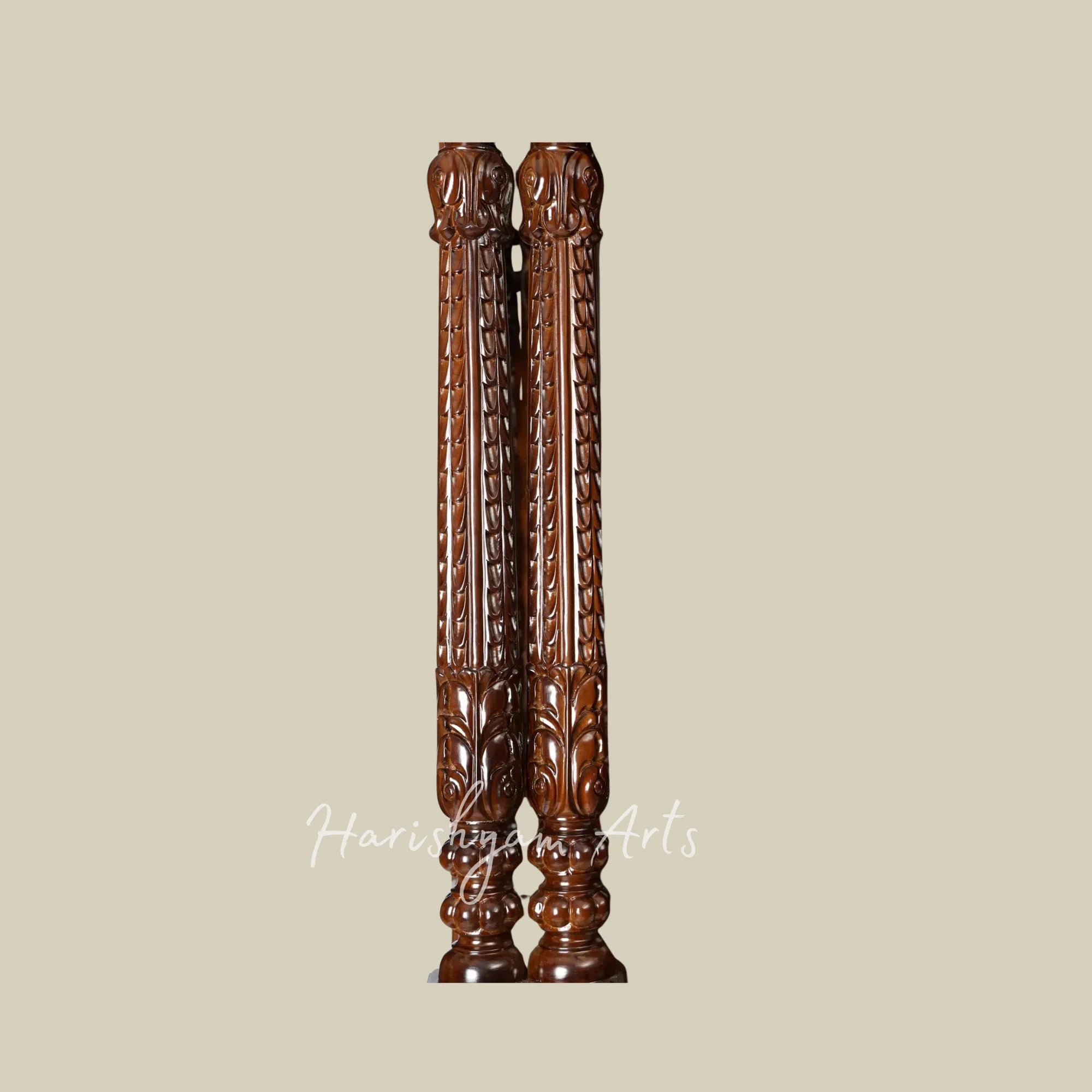 90" Large Teak Wood Pooja Mandir with Storage, Double Pillars, and Deities of Ganesh, Lakshmi, Saraswati