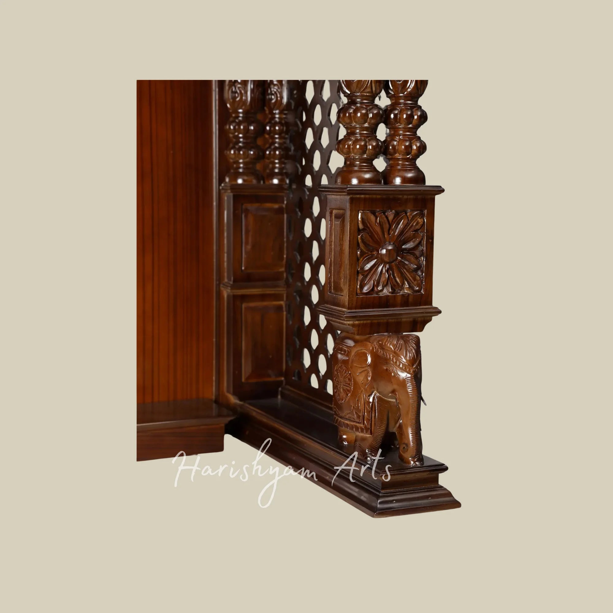 90" Large Teak Wood Pooja Mandir with Storage, Double Pillars, and Deities of Ganesh, Lakshmi, Saraswati