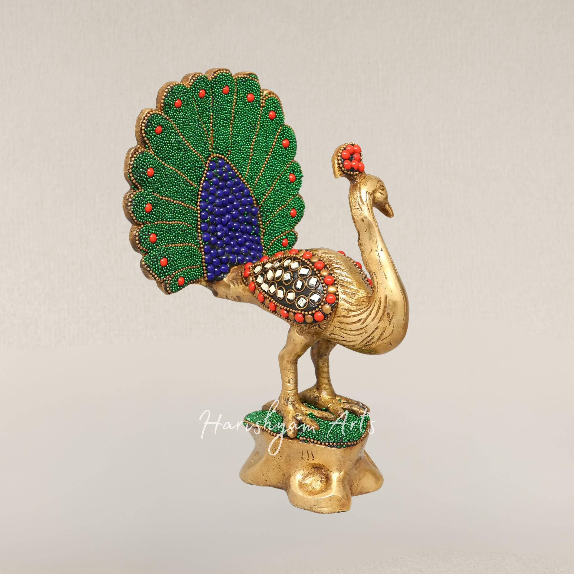 8" Elegant Twin Peacock Sculptures in Brass with Artistic Inlay Detailing