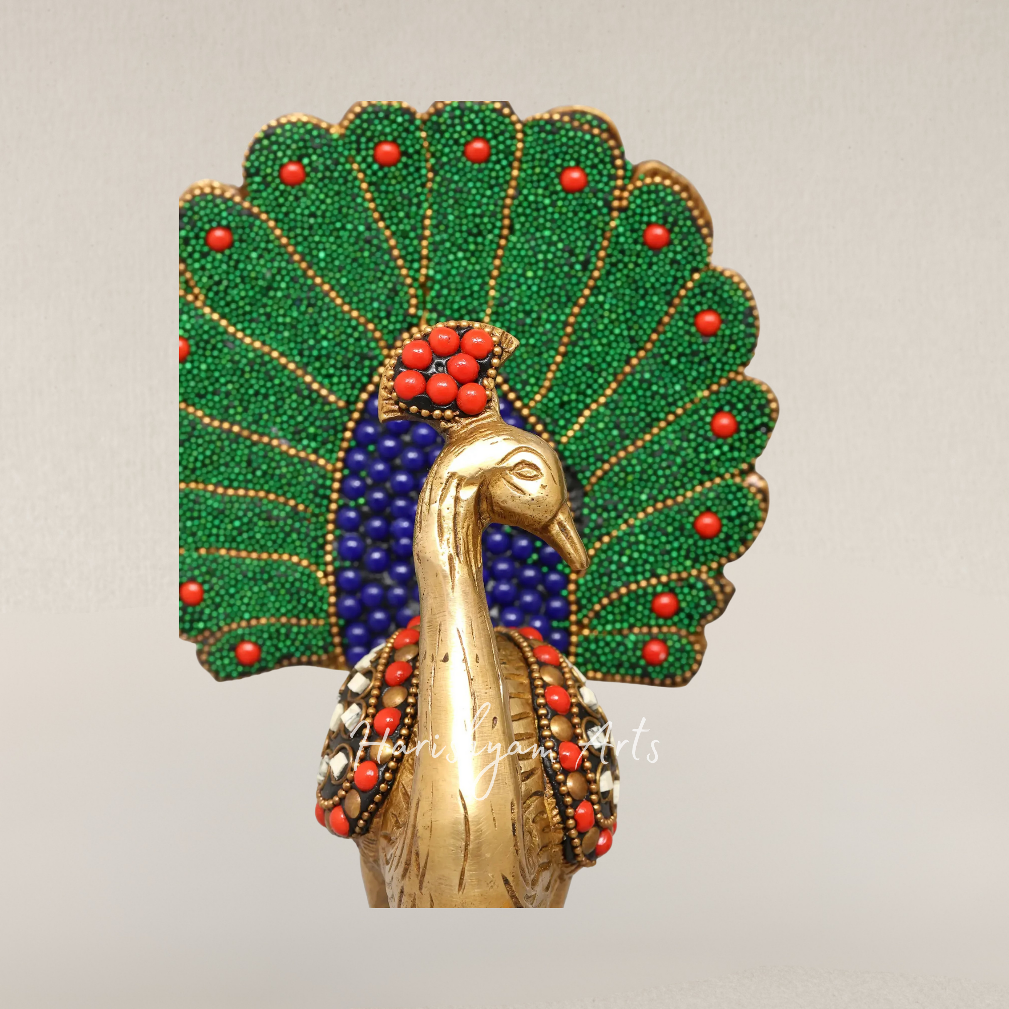 8" Elegant Twin Peacock Sculptures in Brass with Artistic Inlay Detailing