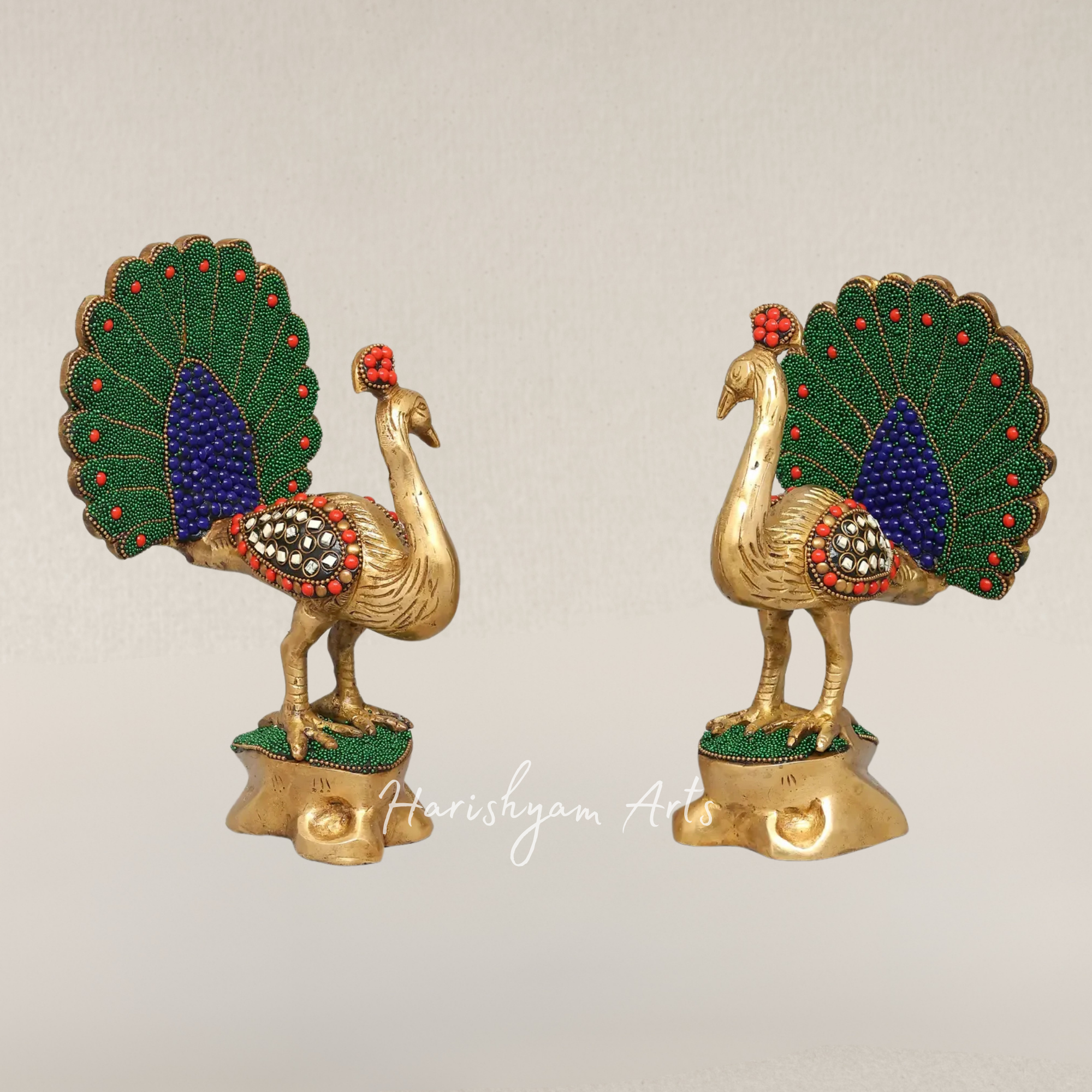 8" Elegant Twin Peacock Sculptures in Brass with Artistic Inlay Detailing