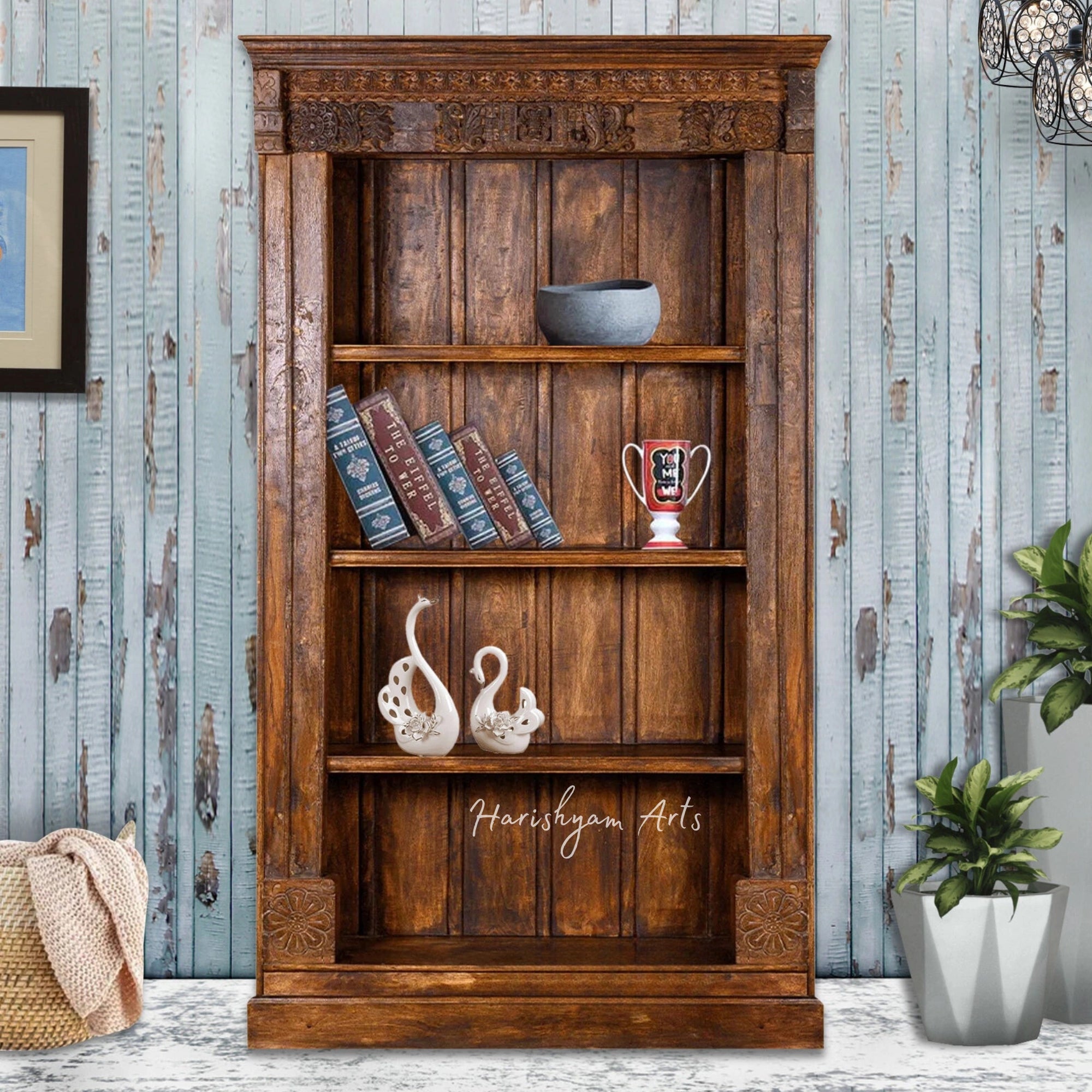 94" Hand-Carved Walnut Rustic Solid Wood Bookshelf with Storage