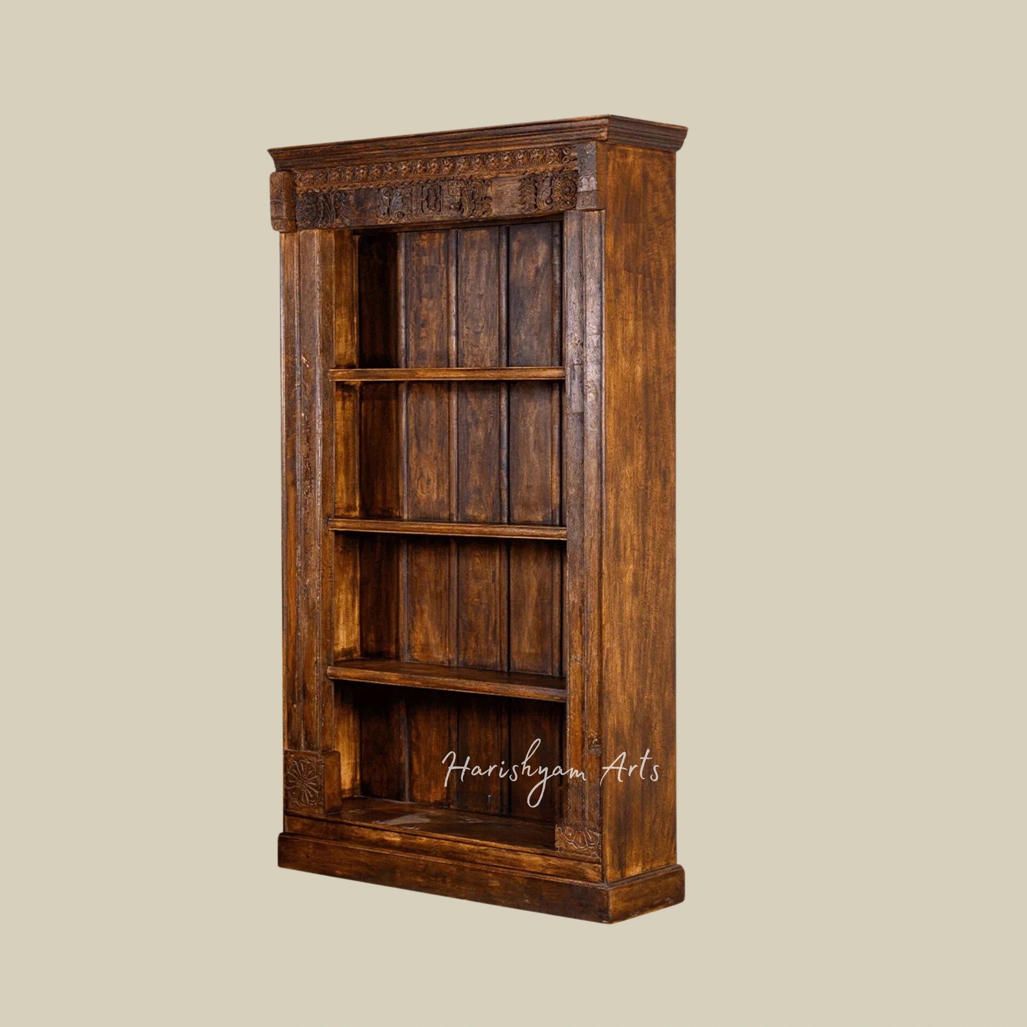 94" Hand-Carved Walnut Rustic Solid Wood Bookshelf with Storage