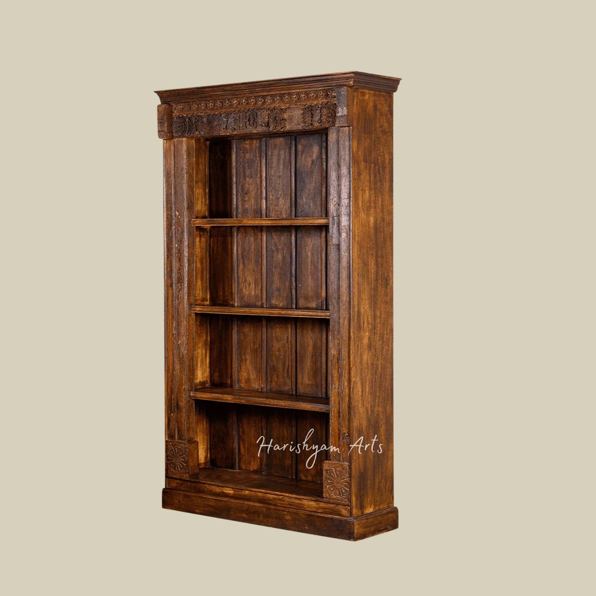 94" Hand-Carved Walnut Rustic Solid Wood Bookshelf with Storage