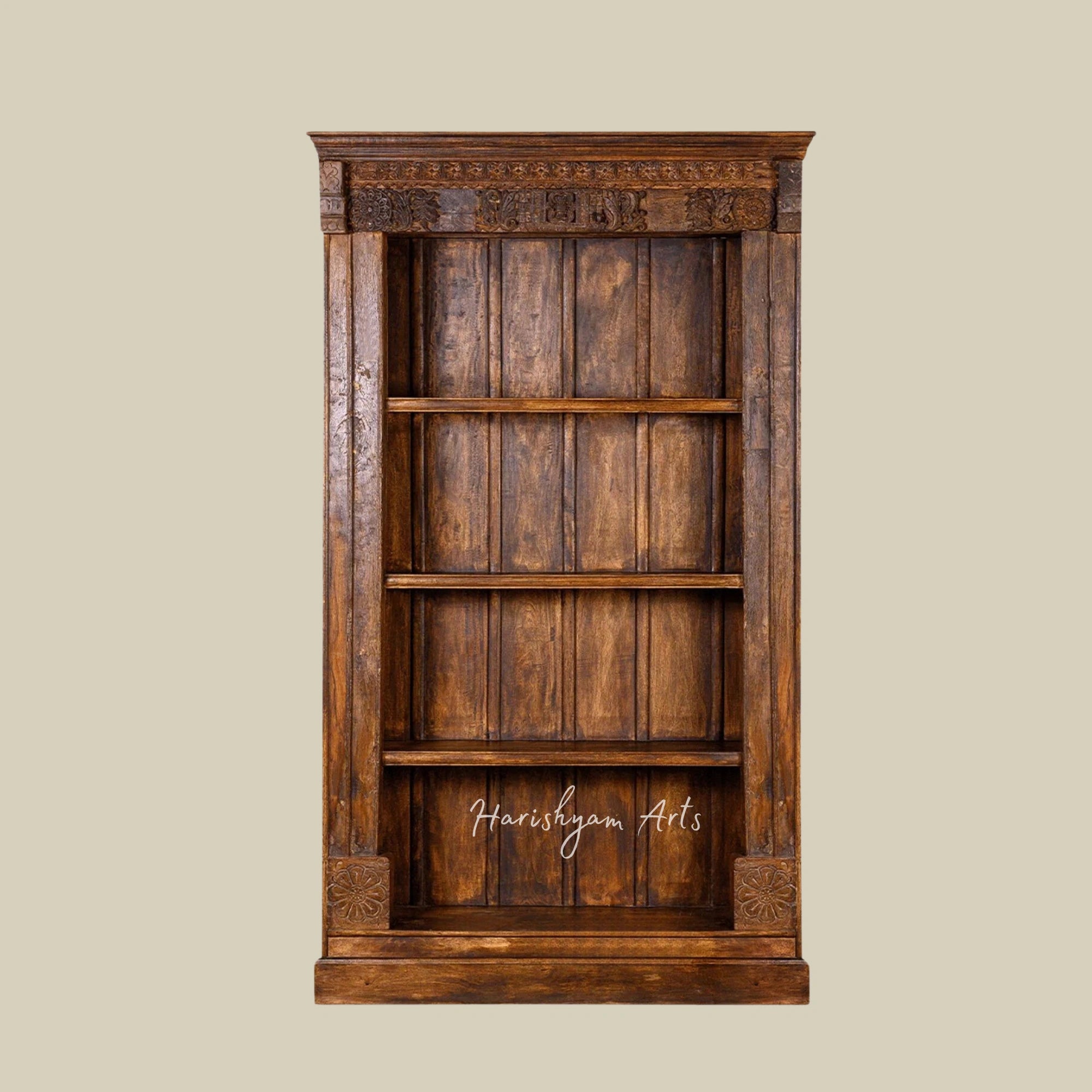 94" Hand-Carved Walnut Rustic Solid Wood Bookshelf with Storage