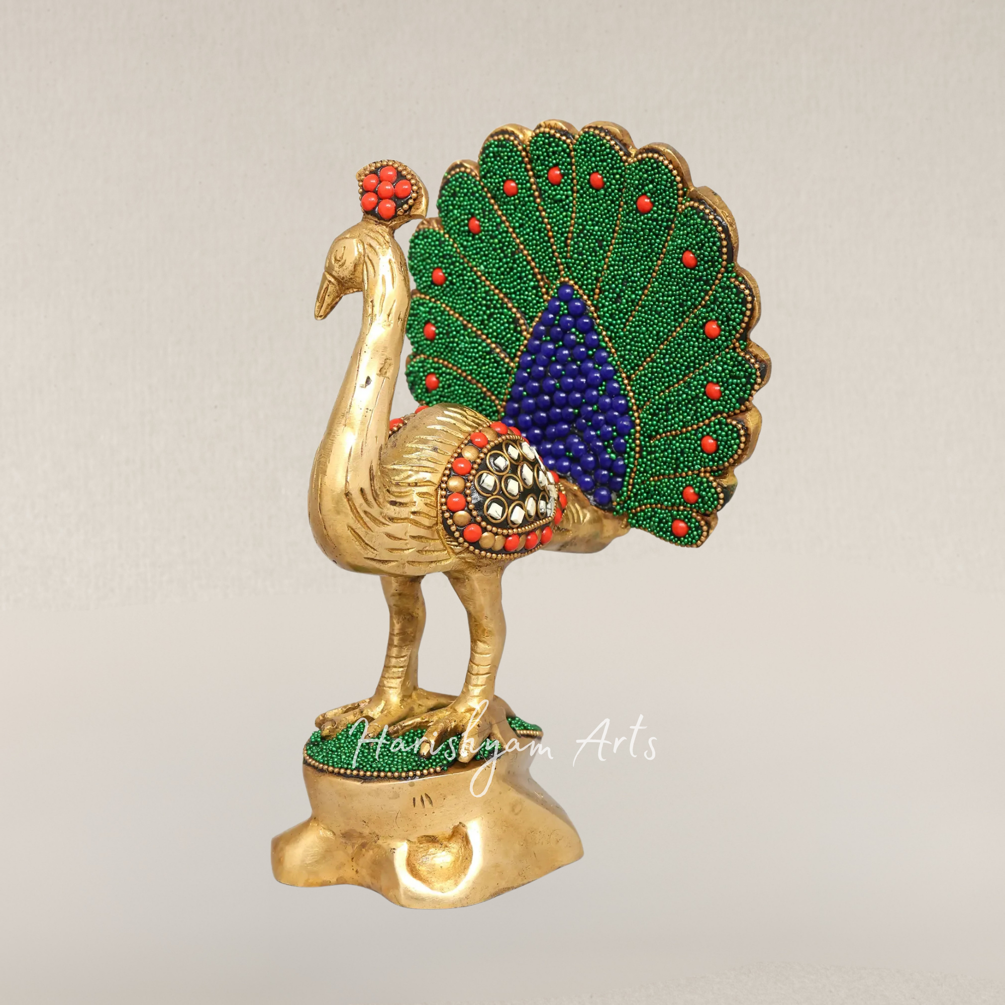 8" Elegant Twin Peacock Sculptures in Brass with Artistic Inlay Detailing