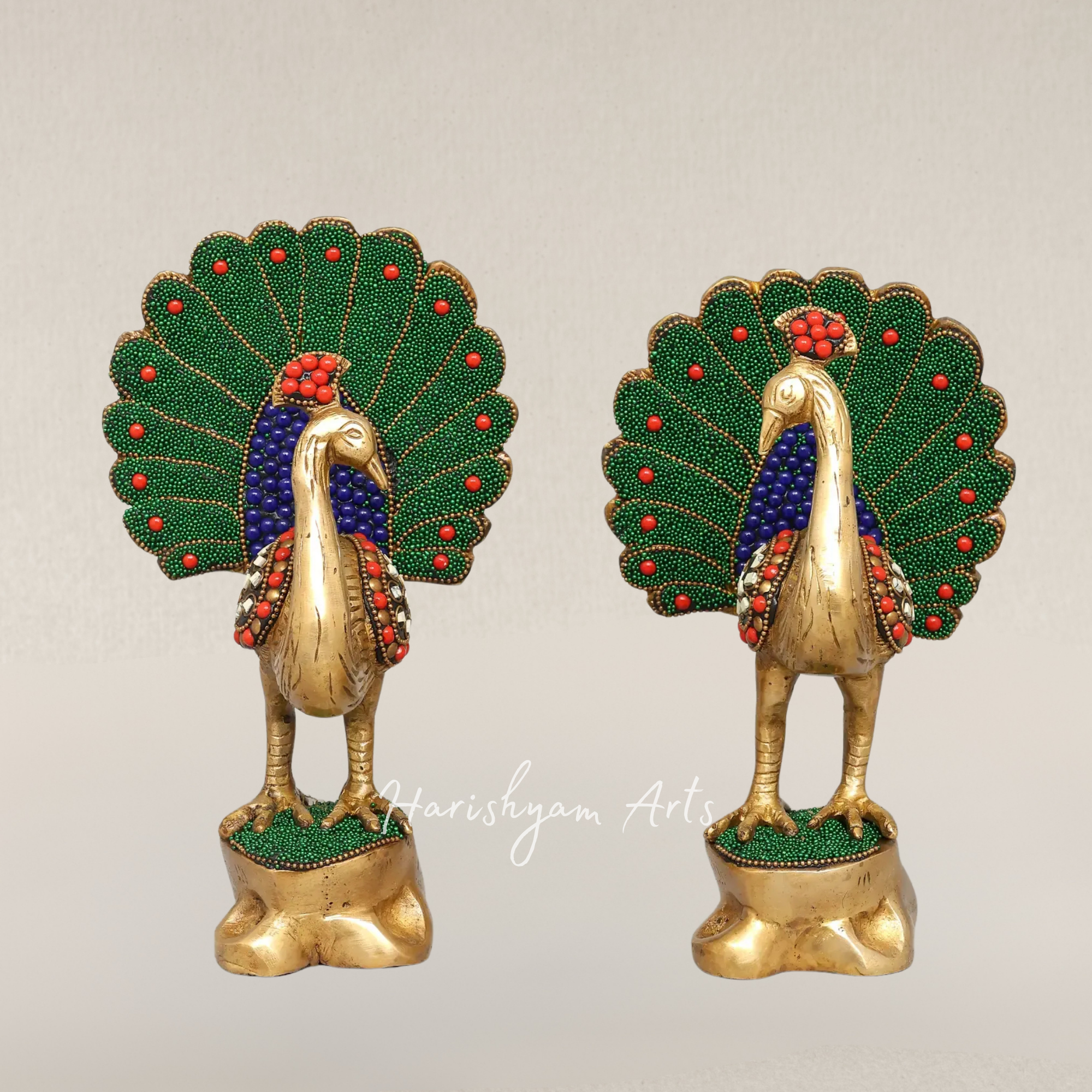 8" Elegant Twin Peacock Sculptures in Brass with Artistic Inlay Detailing