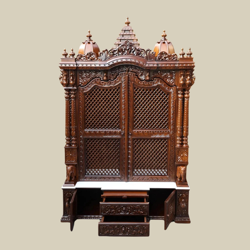 96" Large Pooja Mandir in Teak Wood With Doors