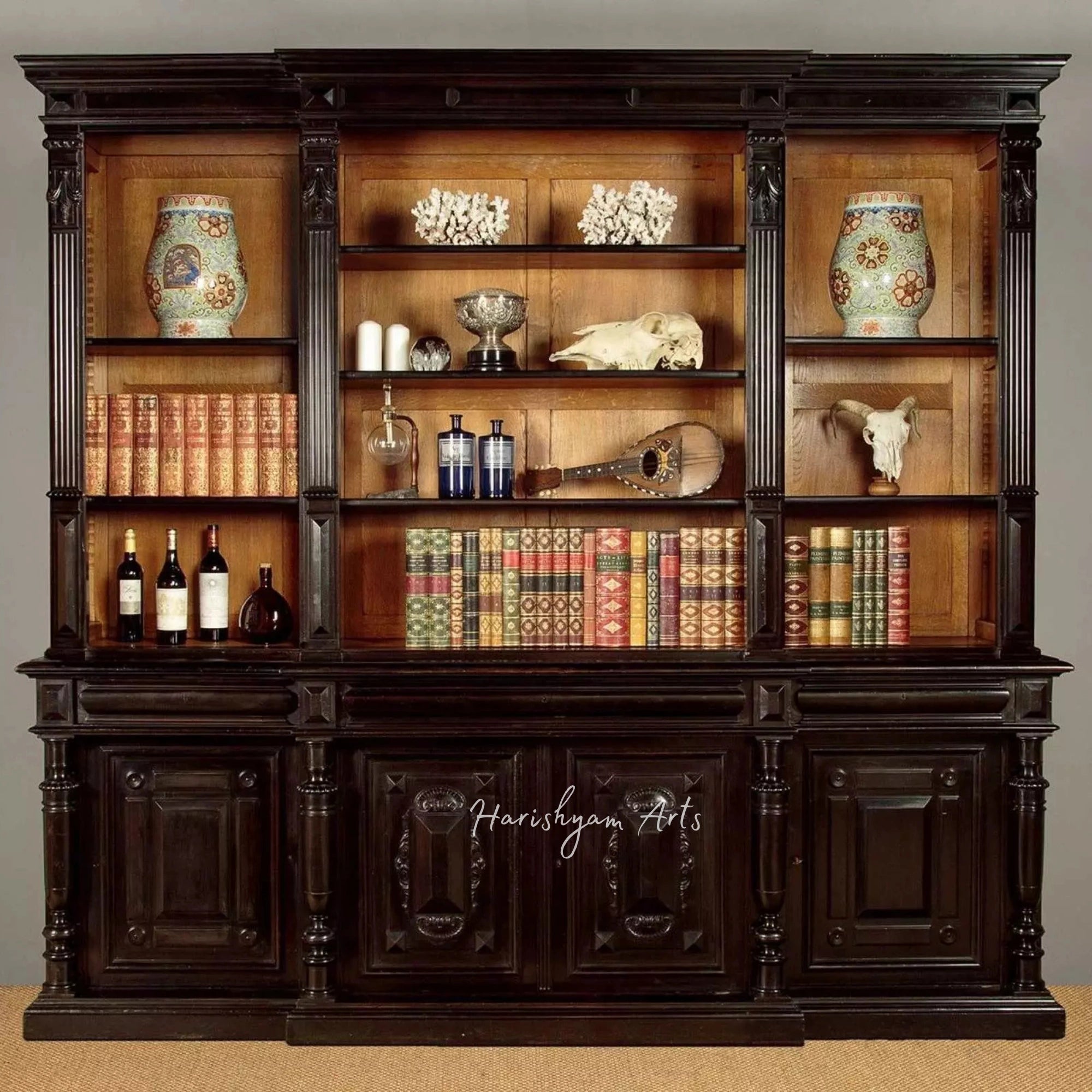 96" Large Ebonized Solid Wood Bookcase