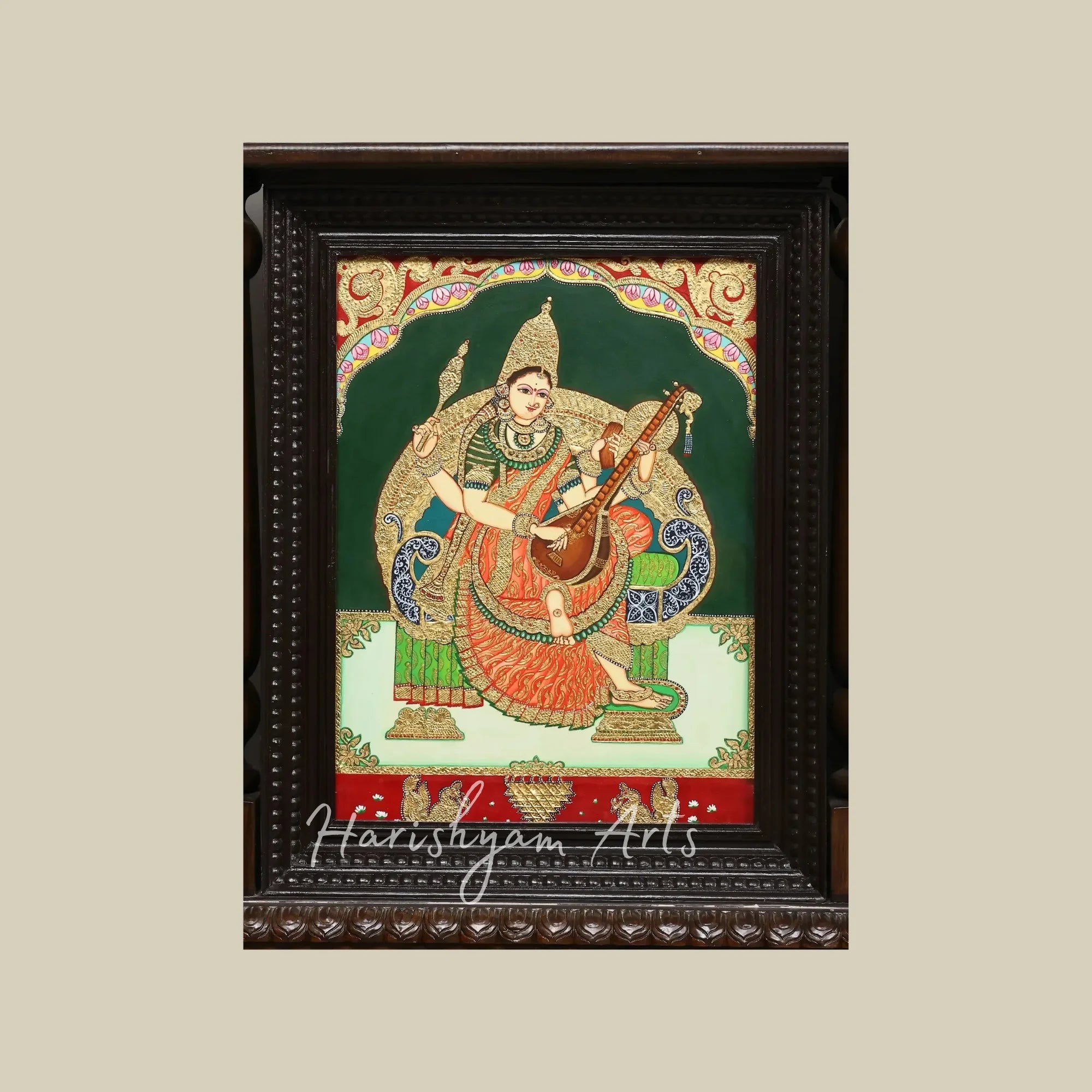 96" Traditional Wooden Tanjore Temple Frame with Saraswati Lakshmi and Rajarajeshwari Goddess Artwork