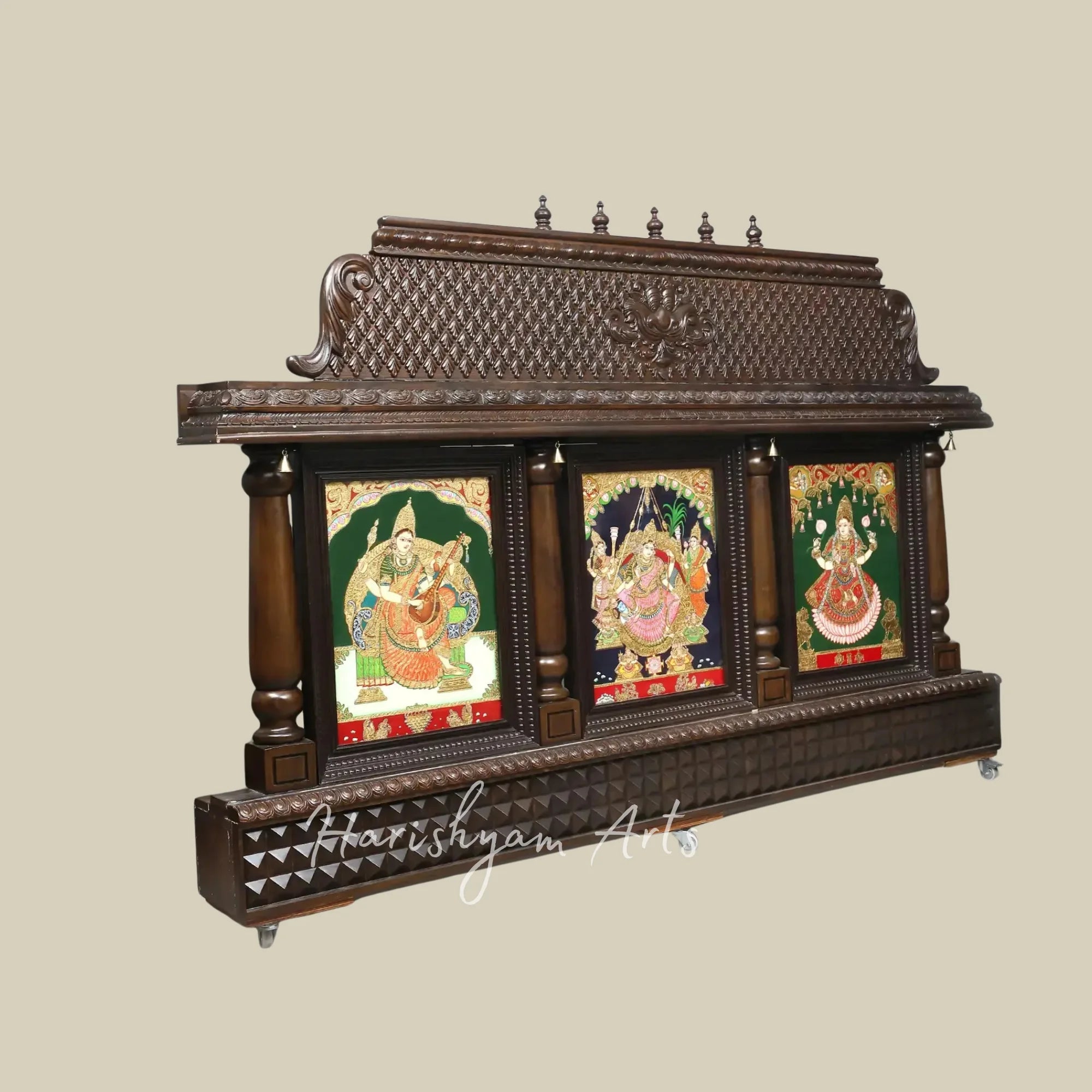 96" Traditional Wooden Tanjore Temple Frame with Saraswati Lakshmi and Rajarajeshwari Goddess Artwork