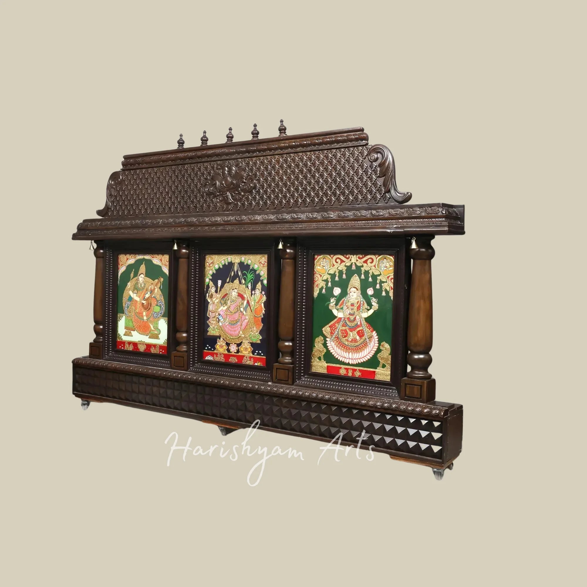 96" Traditional Wooden Tanjore Temple Frame with Saraswati Lakshmi and Rajarajeshwari Goddess Artwork