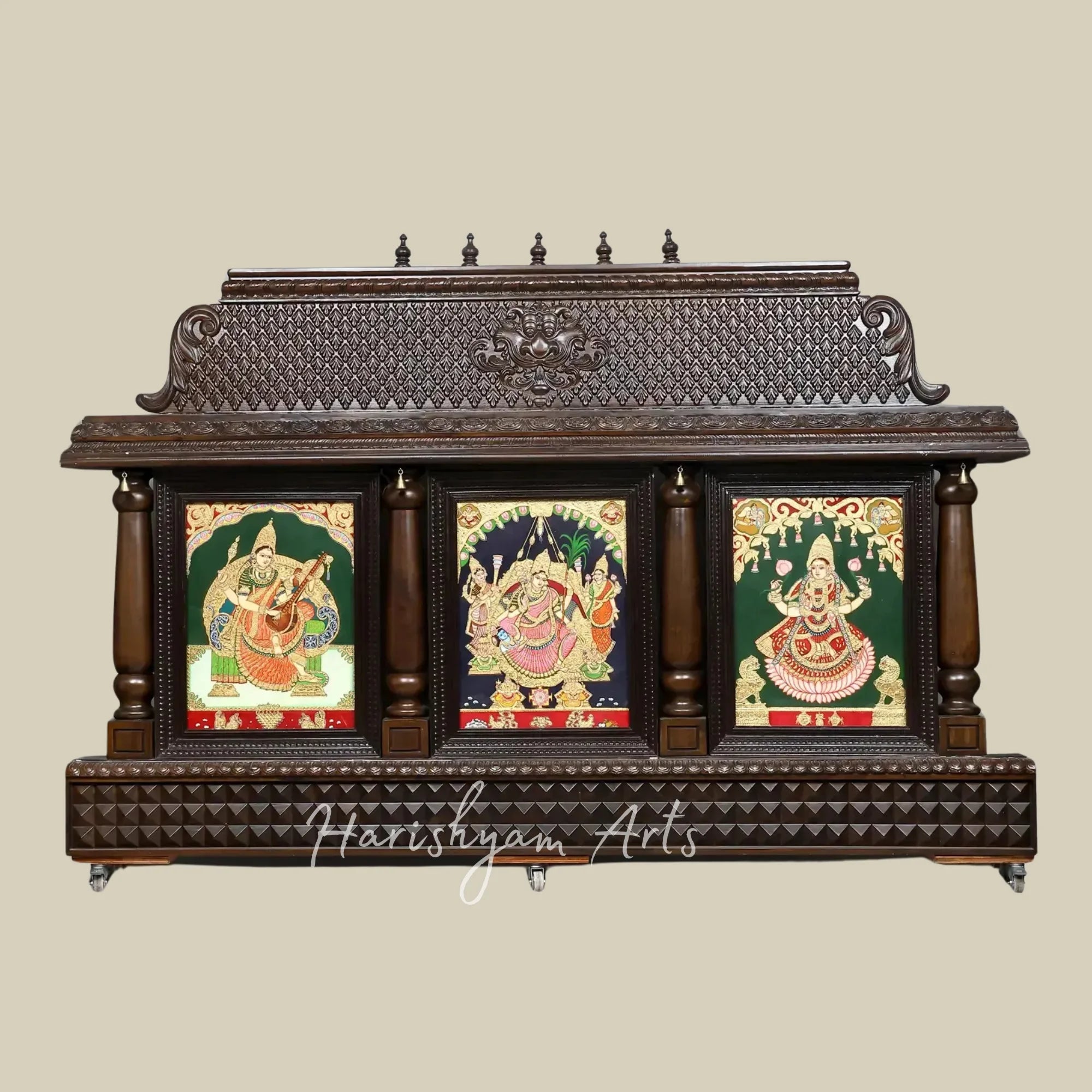 96" Traditional Wooden Tanjore Temple Frame with Saraswati Lakshmi and Rajarajeshwari Goddess Artwork