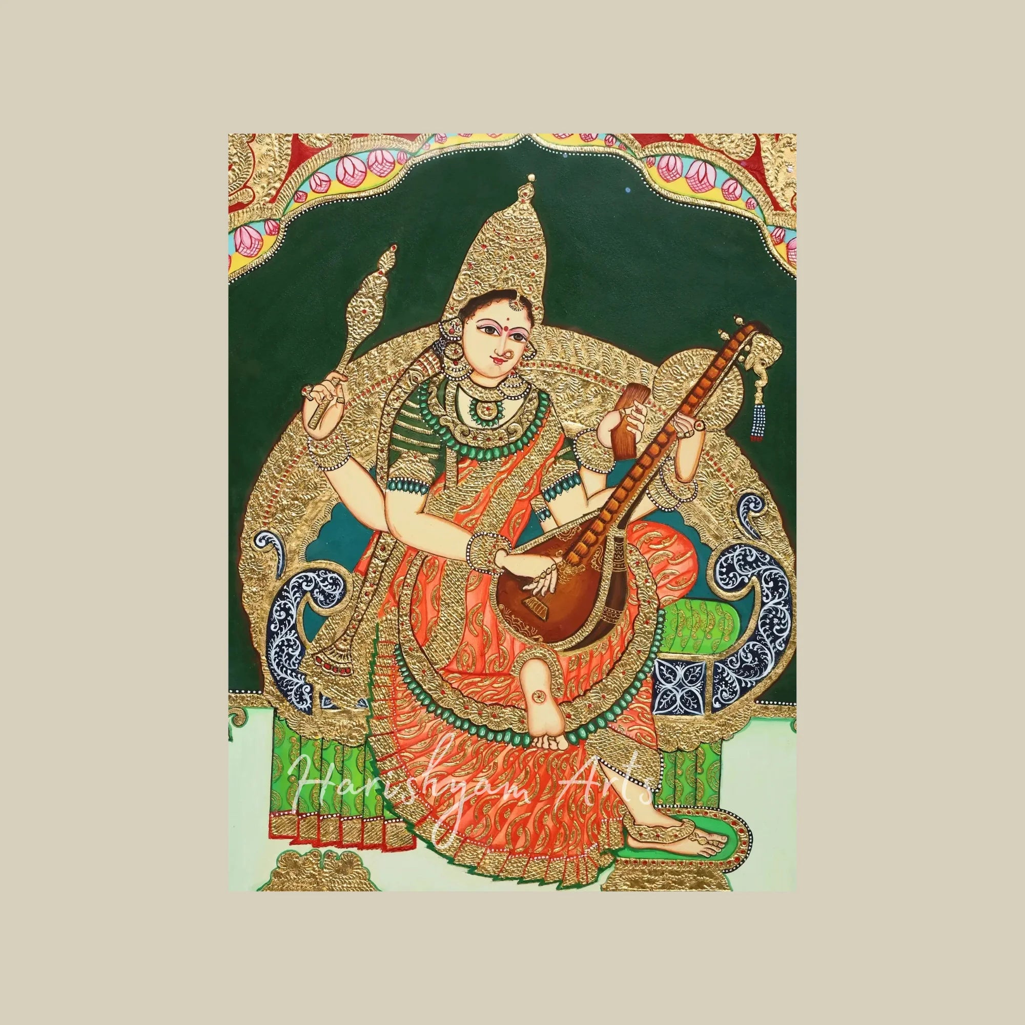 96" Traditional Wooden Tanjore Temple Frame with Saraswati Lakshmi and Rajarajeshwari Goddess Artwork