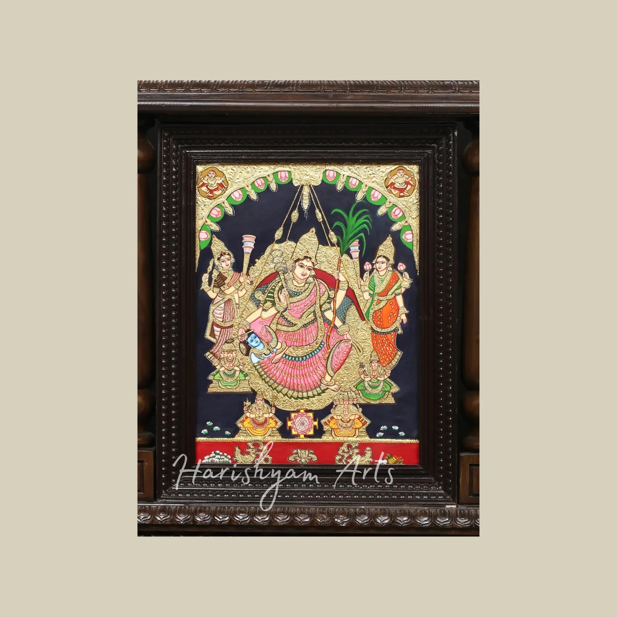 96" Traditional Wooden Tanjore Temple Frame with Saraswati Lakshmi and Rajarajeshwari Goddess Artwork