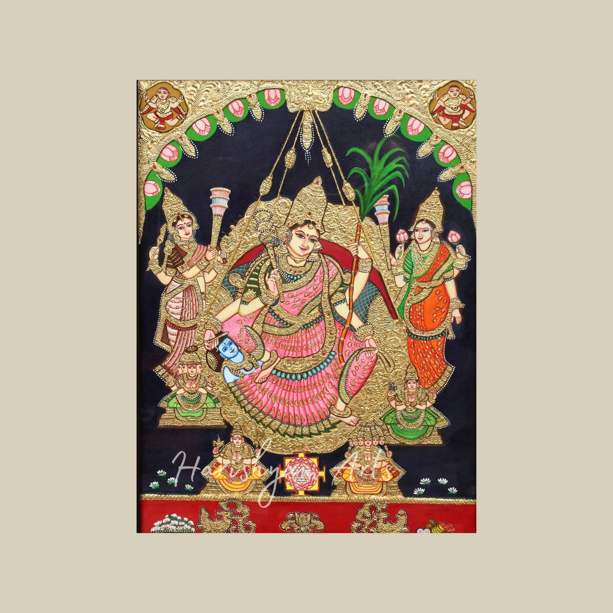 96" Traditional Wooden Tanjore Temple Frame with Saraswati Lakshmi and Rajarajeshwari Goddess Artwork
