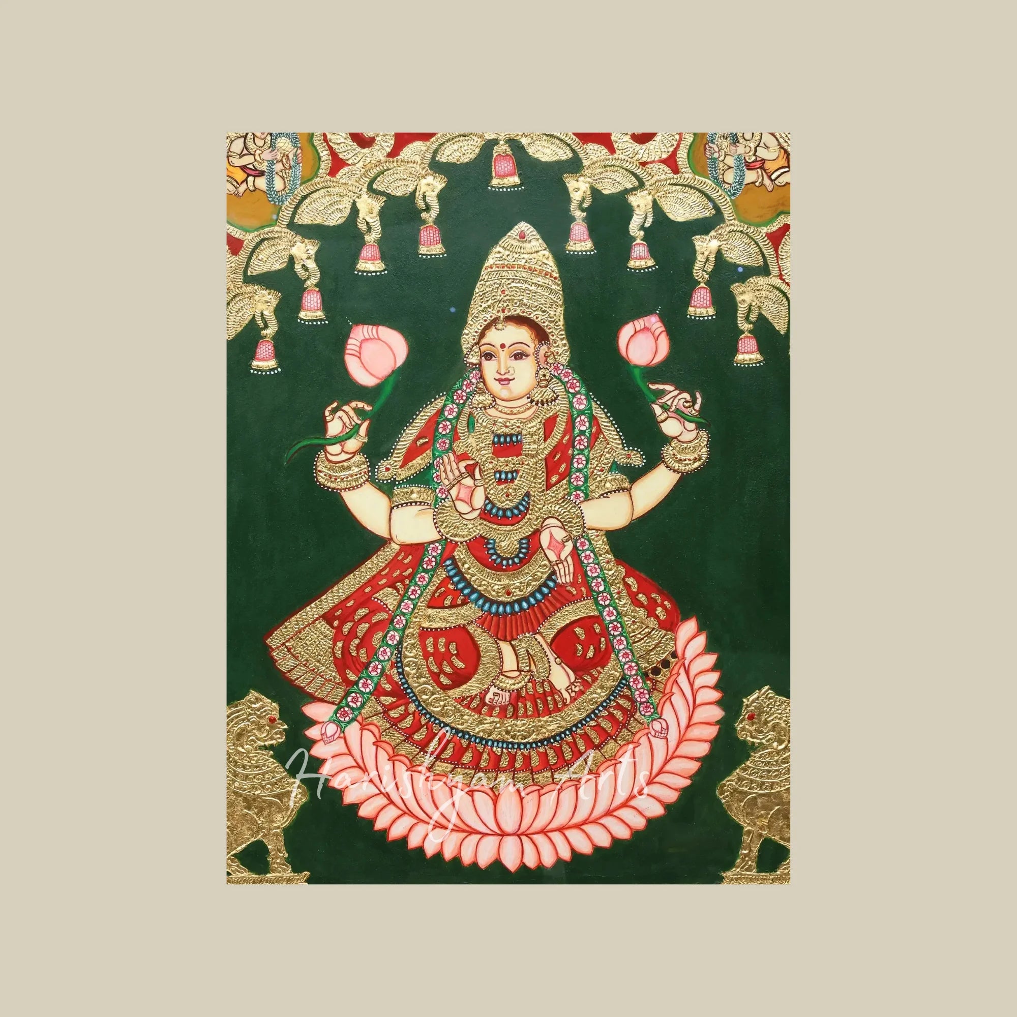 96" Traditional Wooden Tanjore Temple Frame with Saraswati Lakshmi and Rajarajeshwari Goddess Artwork