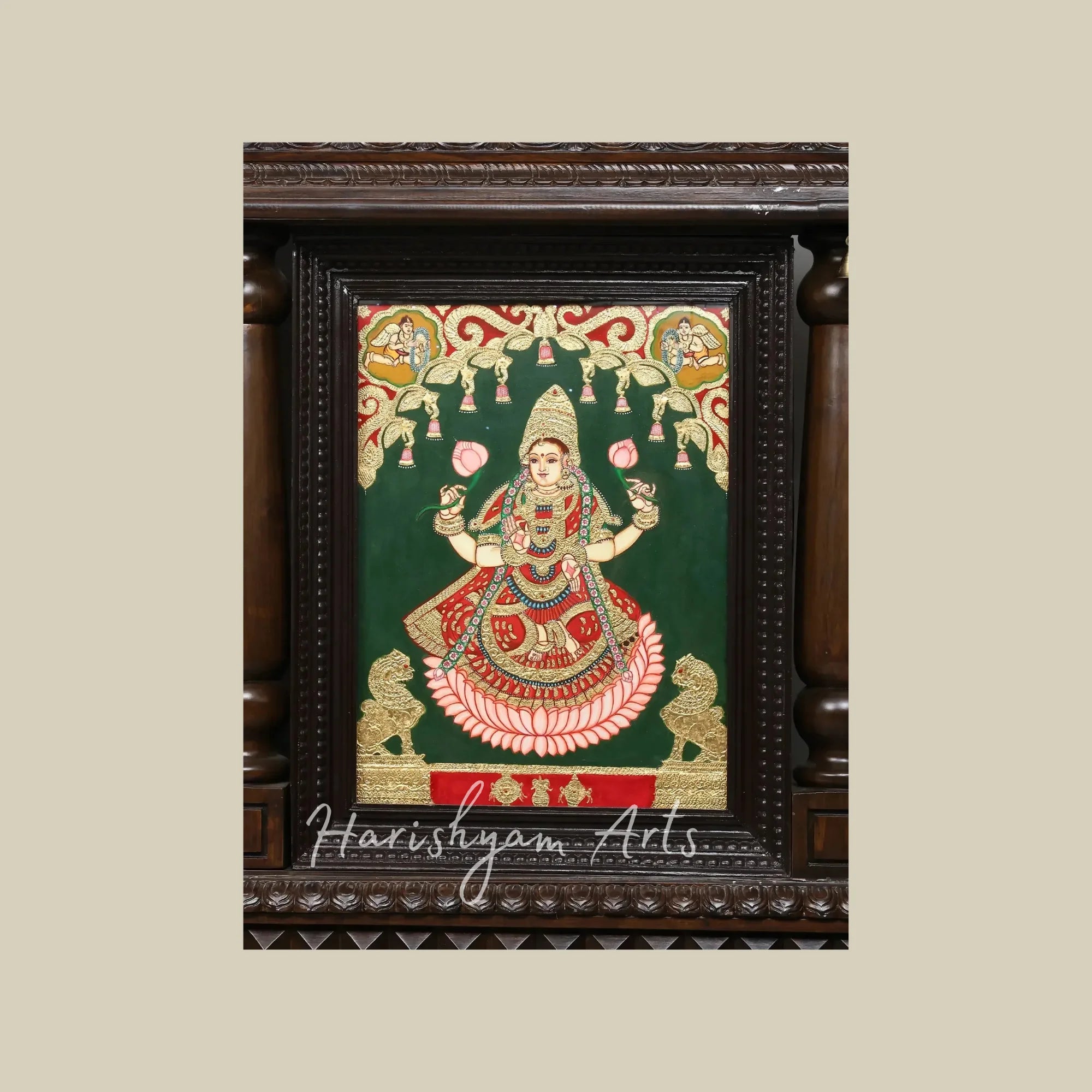 96" Traditional Wooden Tanjore Temple Frame with Saraswati Lakshmi and Rajarajeshwari Goddess Artwork