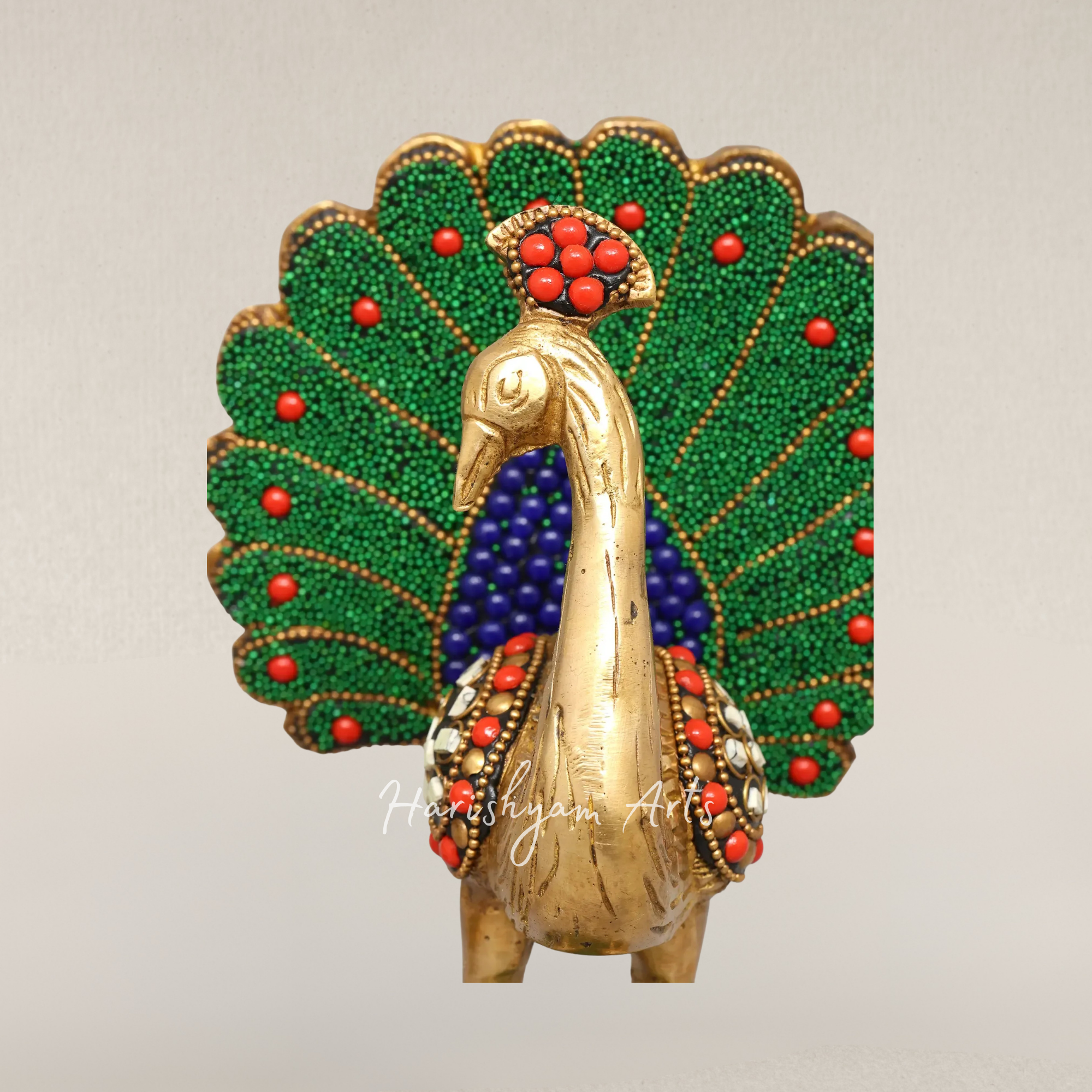 8" Elegant Twin Peacock Sculptures in Brass with Artistic Inlay Detailing