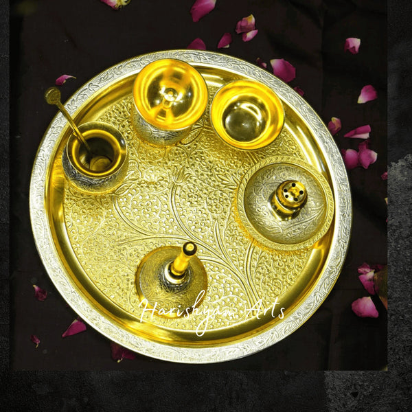 Meenakari Brass Pooja Thali with Decorative Finish for Puja Rituals