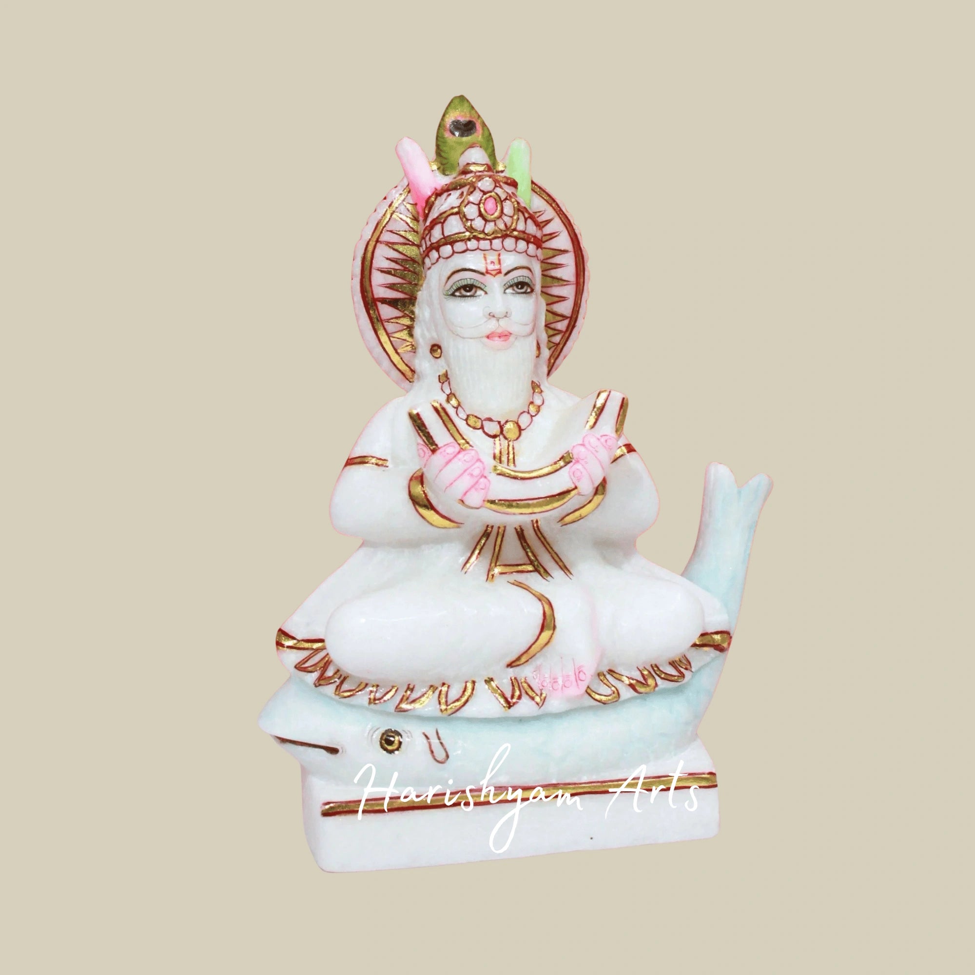 9" Authentic Makrana Marble Jhulelal Ji Murti Symbol Of Devotion And Spiritual Prosperity