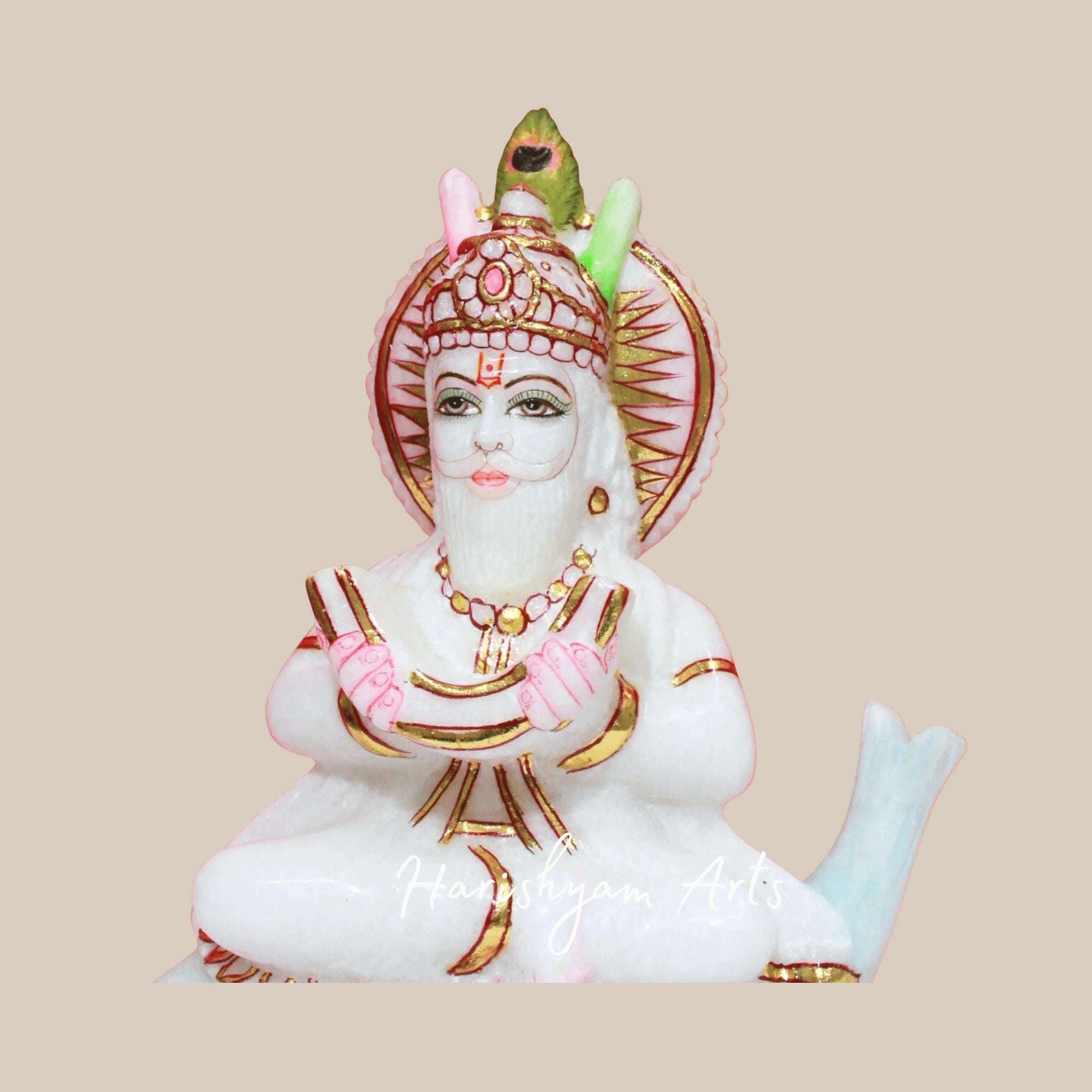 9" Authentic Makrana Marble Jhulelal Ji Murti Symbol Of Devotion And Spiritual Prosperity