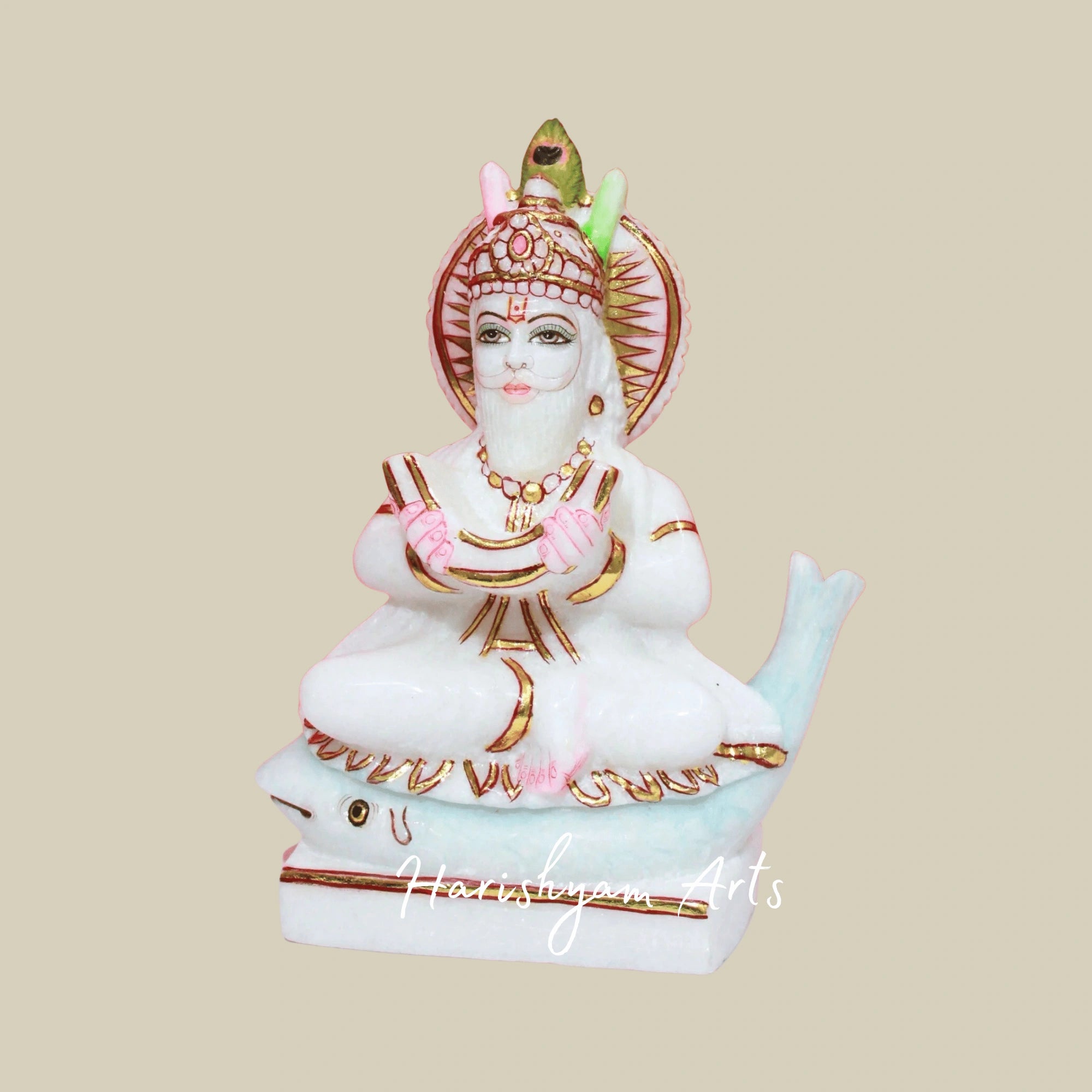 9" Authentic Makrana Marble Jhulelal Ji Murti Symbol Of Devotion And Spiritual Prosperity