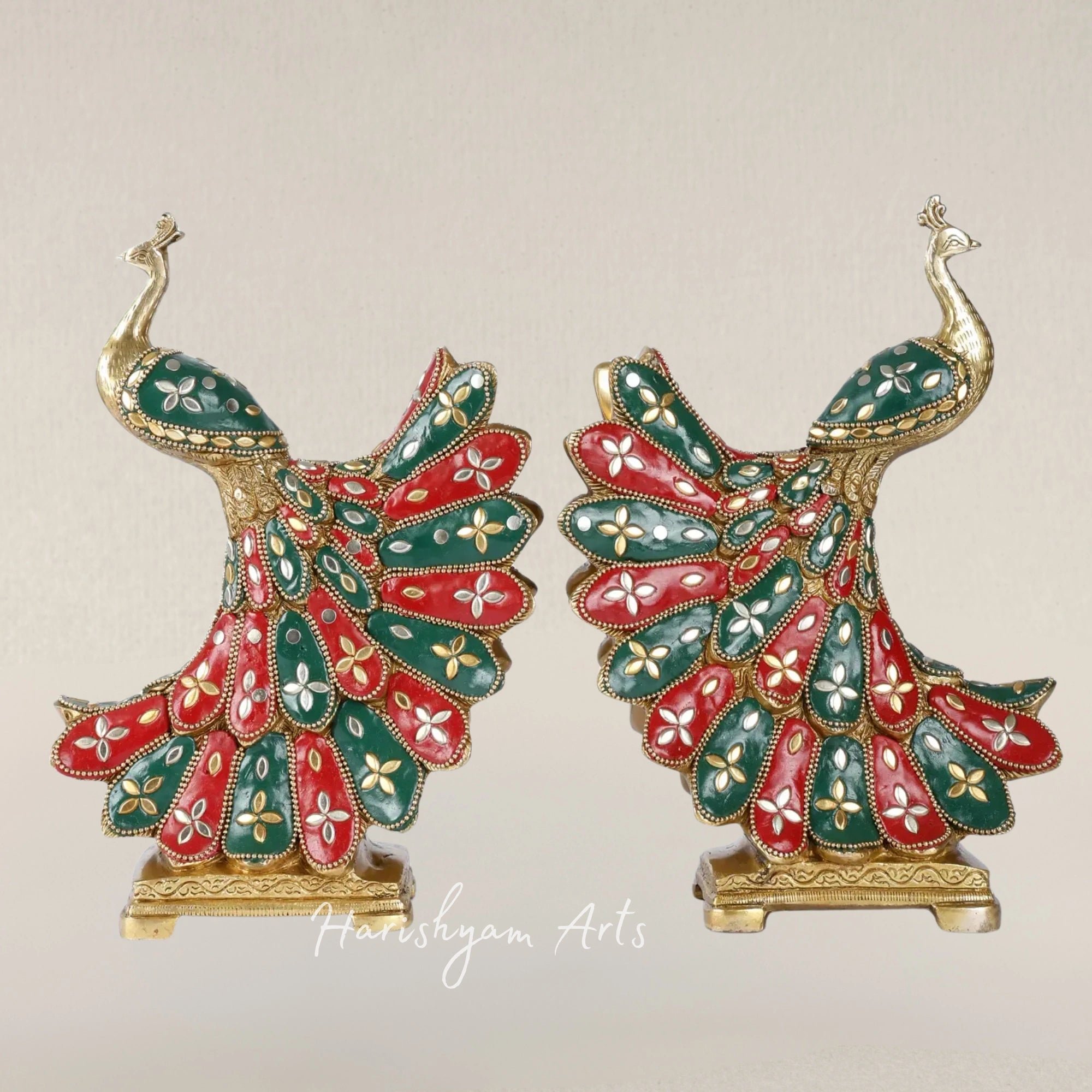 9" Charming Duo of Peacock Statues Crafted in Brass with Fine Inlay Work