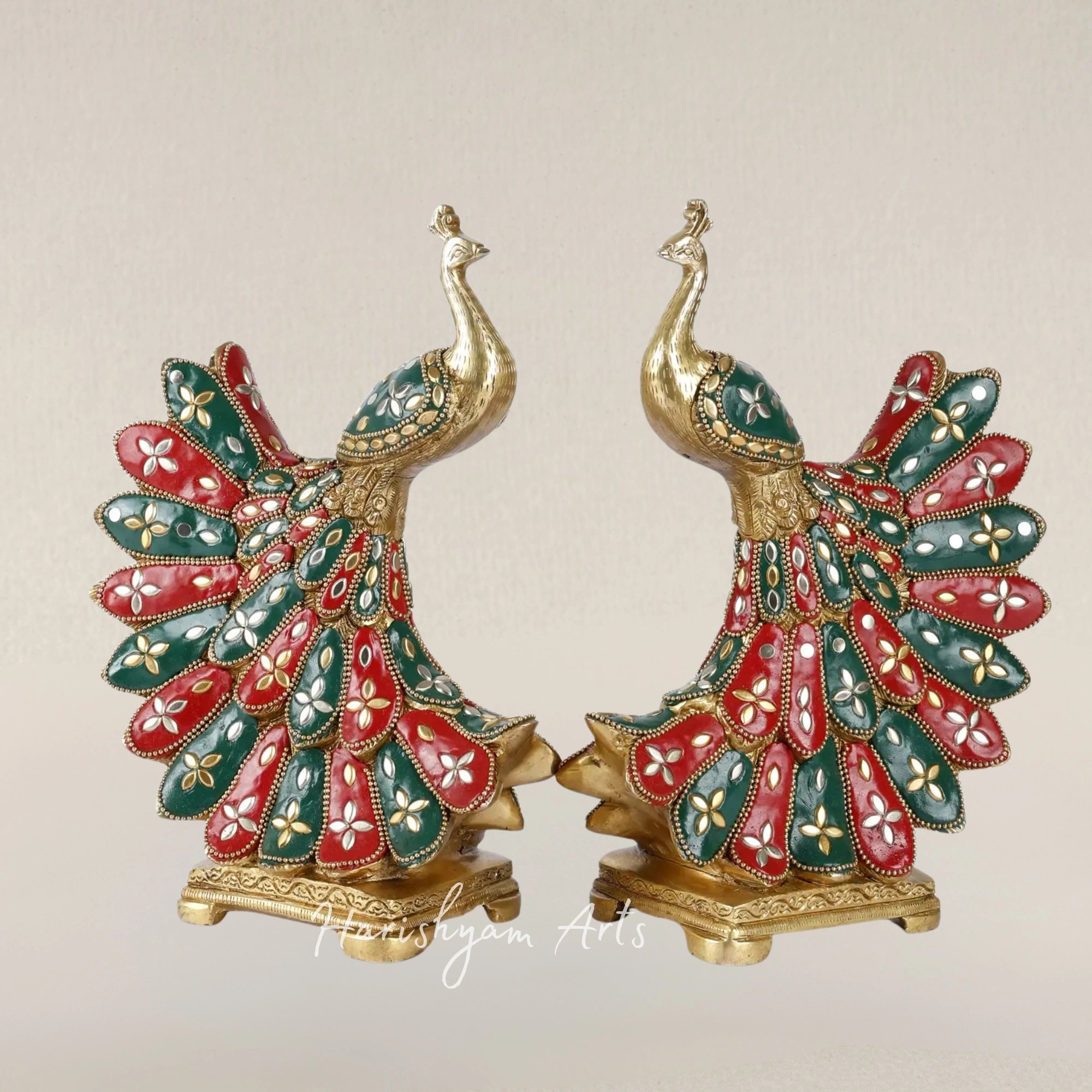 9" Charming Duo of Peacock Statues Crafted in Brass with Fine Inlay Work
